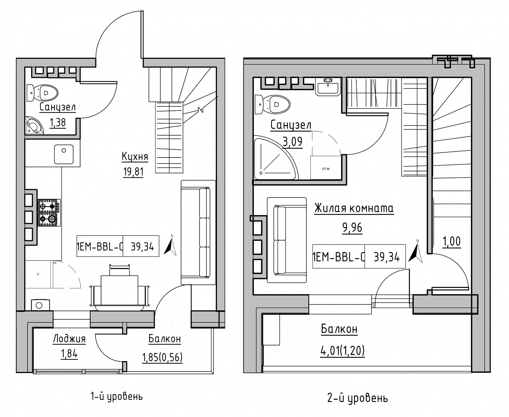Planning 2-lvl flats area 39.34m2, KS-024-05/0005.
