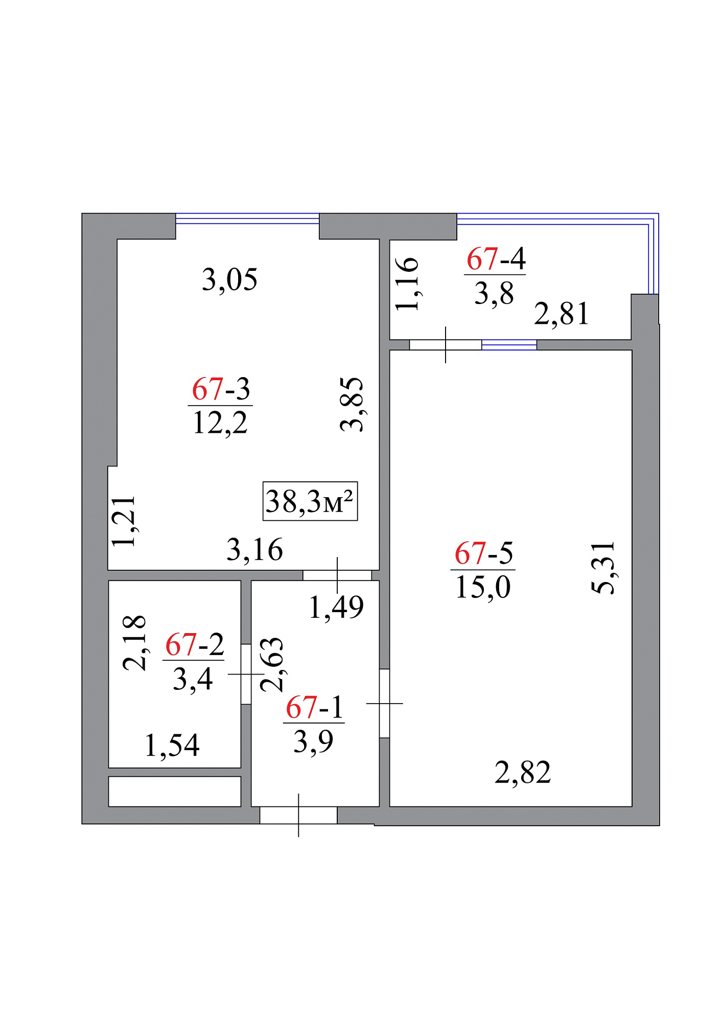 Планировка 1-к квартира площей 38.3м2, AB-07-07/0061а.