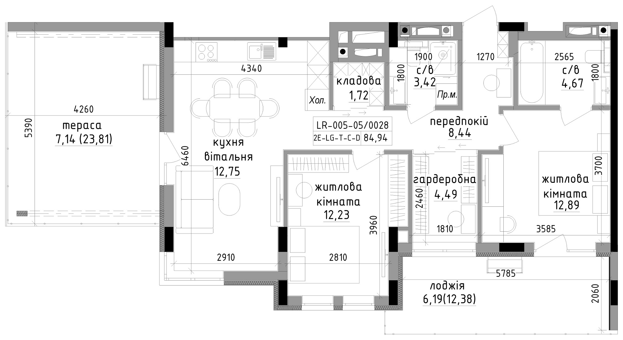 Планировка 2-к квартира площей 73.94м2, LR-005-05/0028.