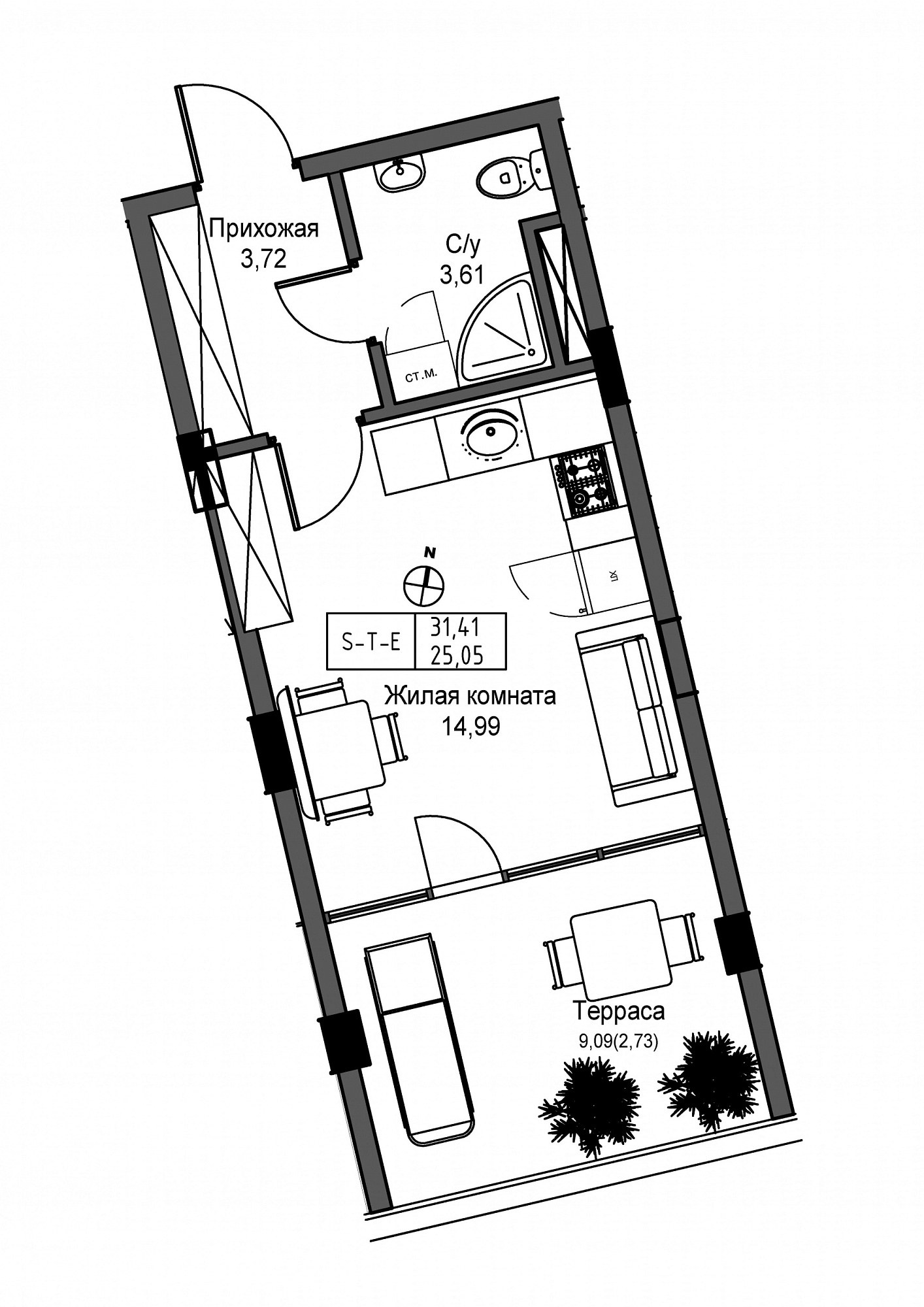 Планировка Smart-квартира площей 25.05м2, UM-004-03/0010.