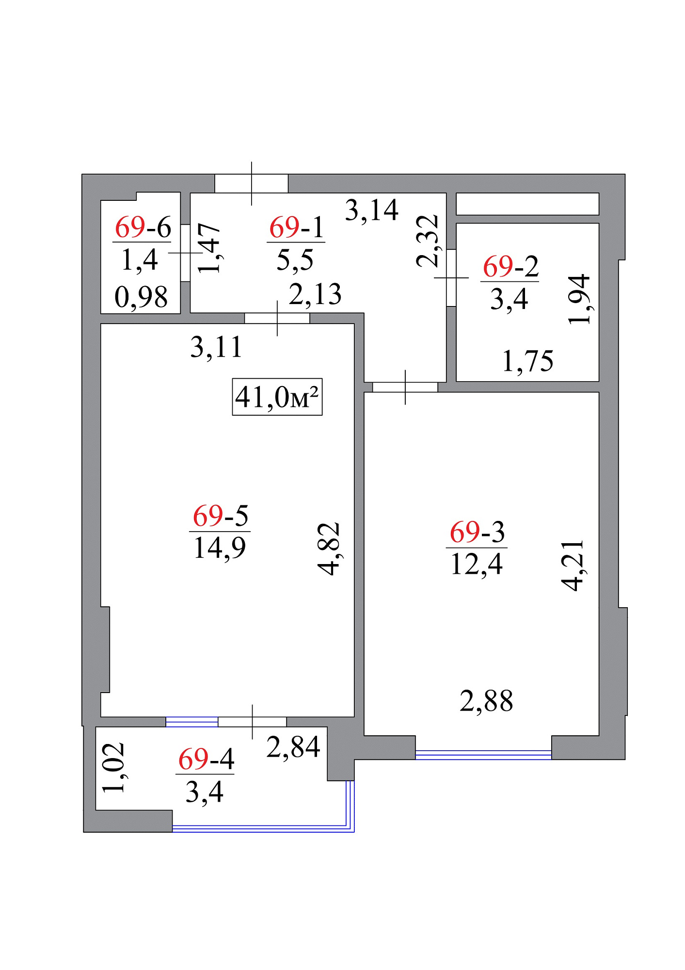 Планировка 1-к квартира площей 41м2, AB-07-07/00062.