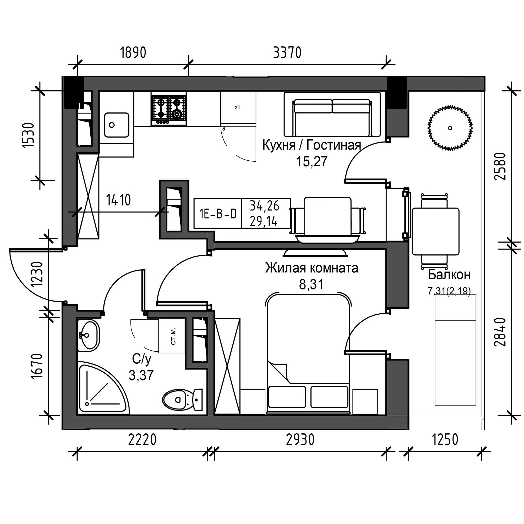 Планування 1-к квартира площею 29.14м2, UM-001-07/0023.