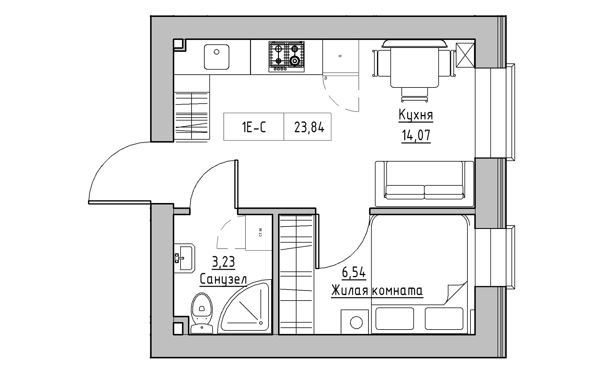 Planning 1-rm flats area 23.84m2, KS-022-02/0011.