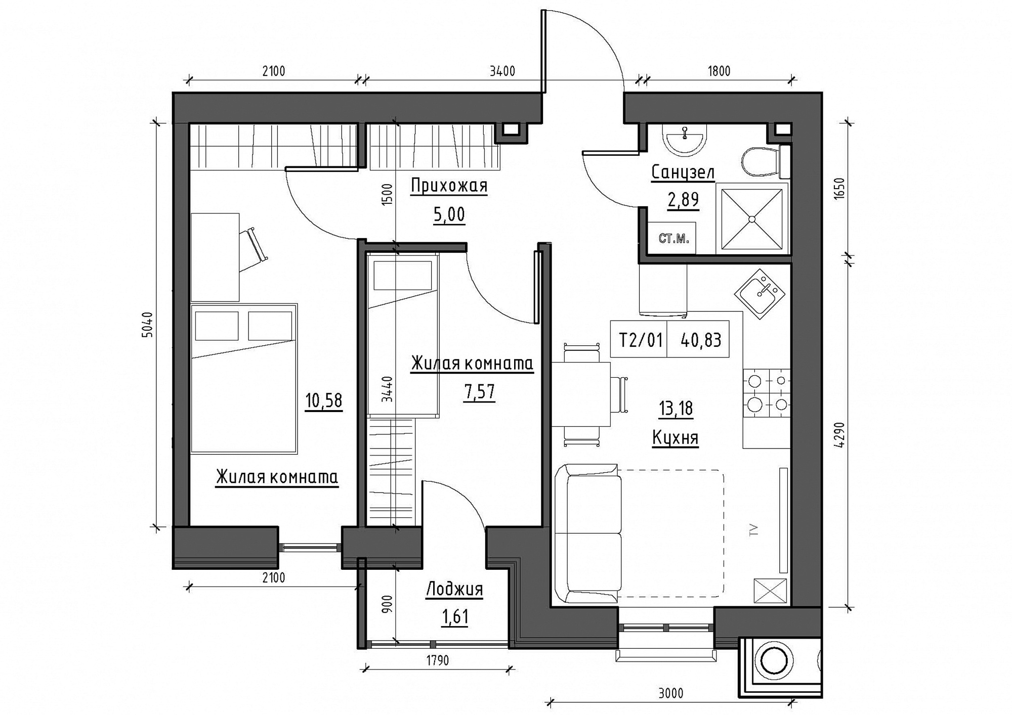 Планировка 2-к квартира площей 40.83м2, KS-011-01/0011.