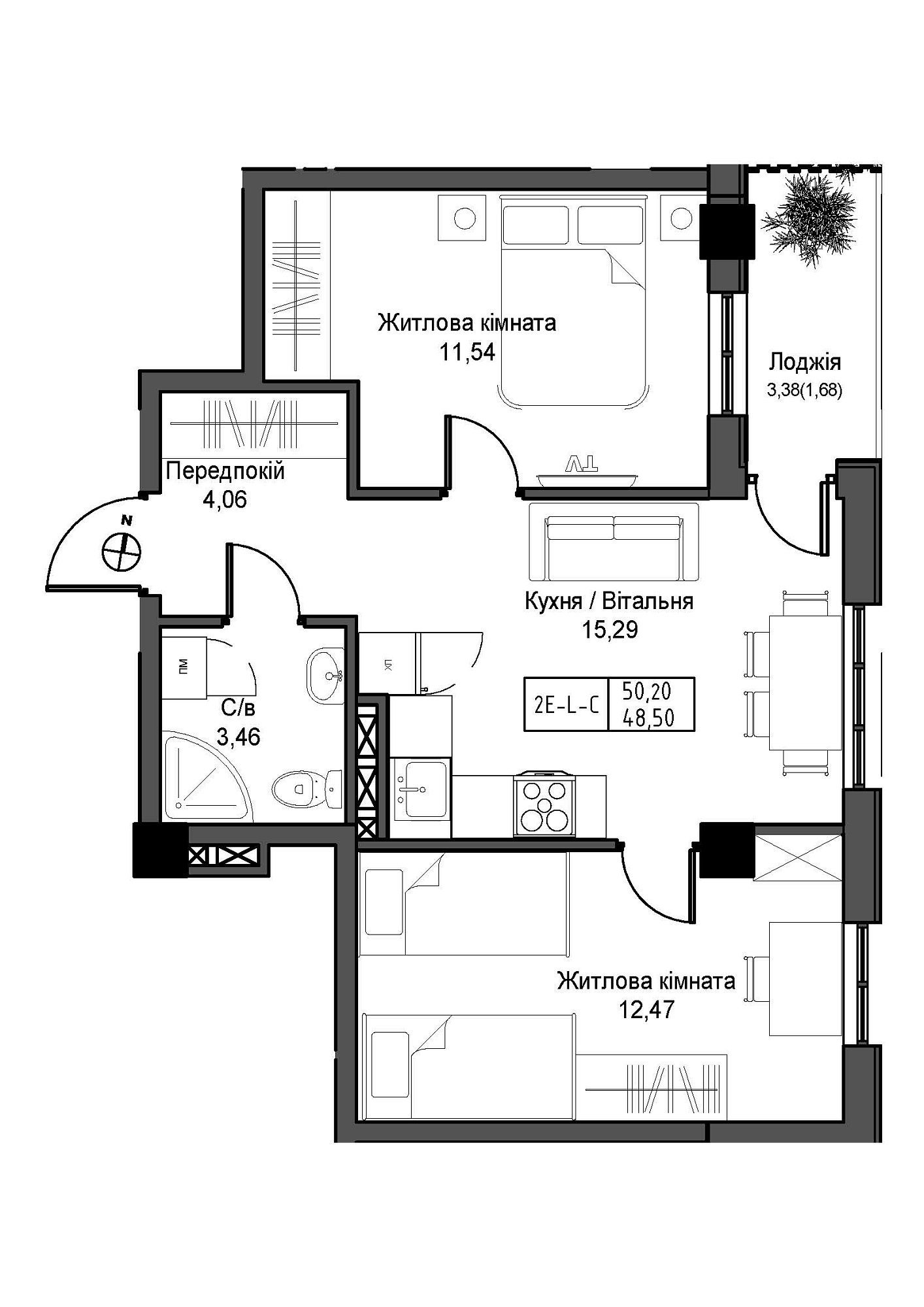 Планування 2-к квартира площею 48.5м2, UM-007-08/0007.