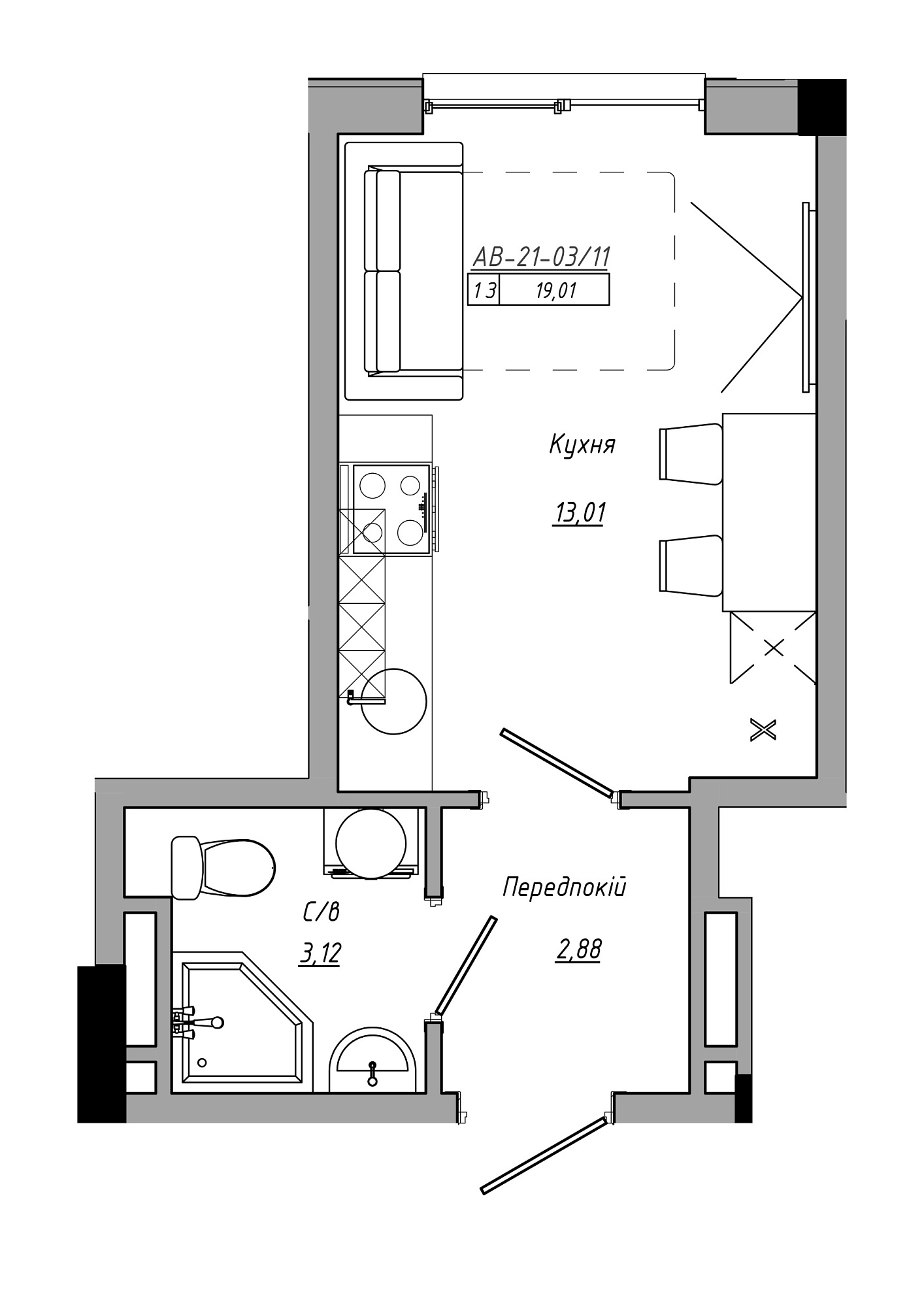 Planning Smart flats area 19.01m2, AB-21-03/00011.
