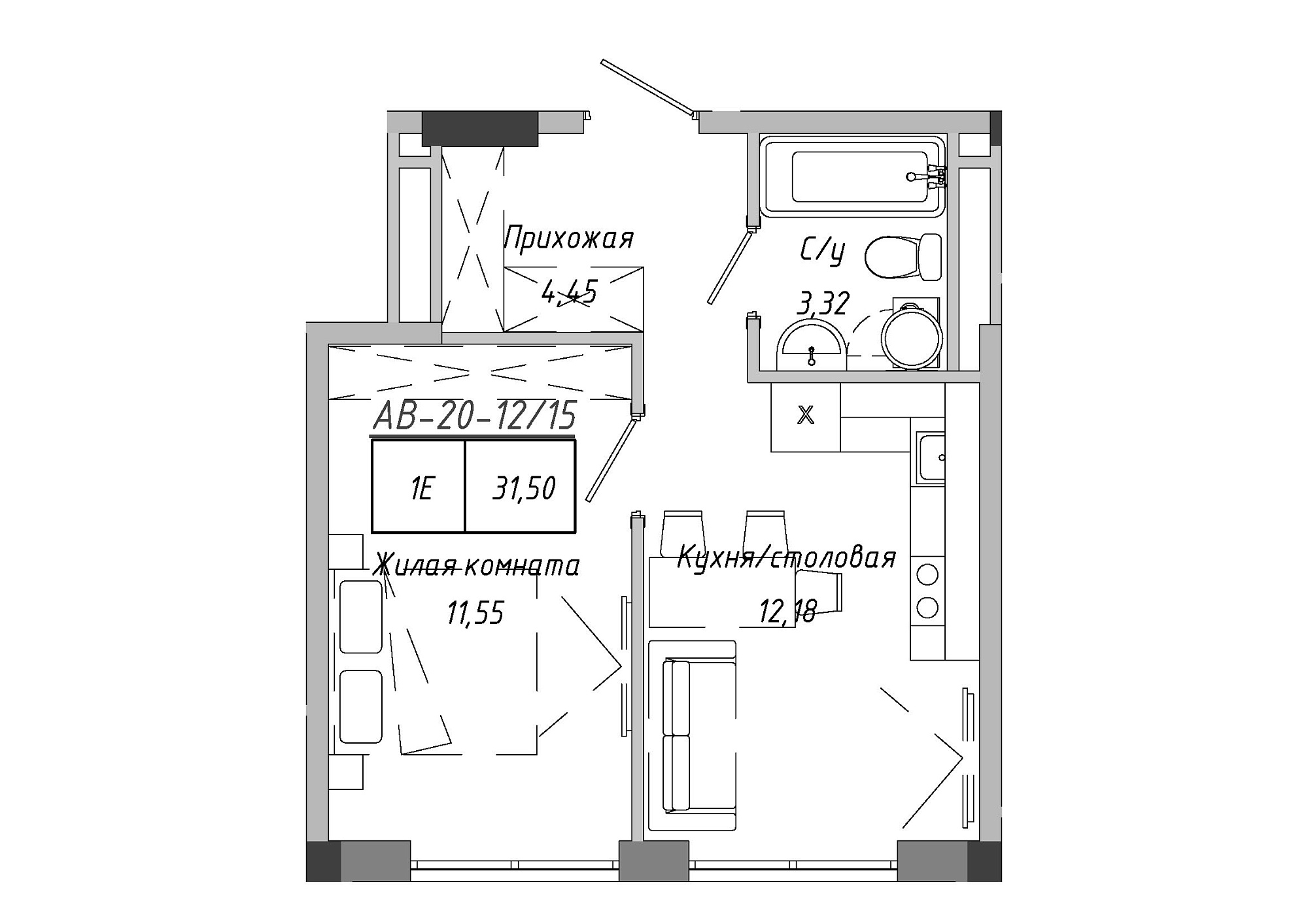 Планування 1-к квартира площею 31.51м2, AB-20-12/00015.