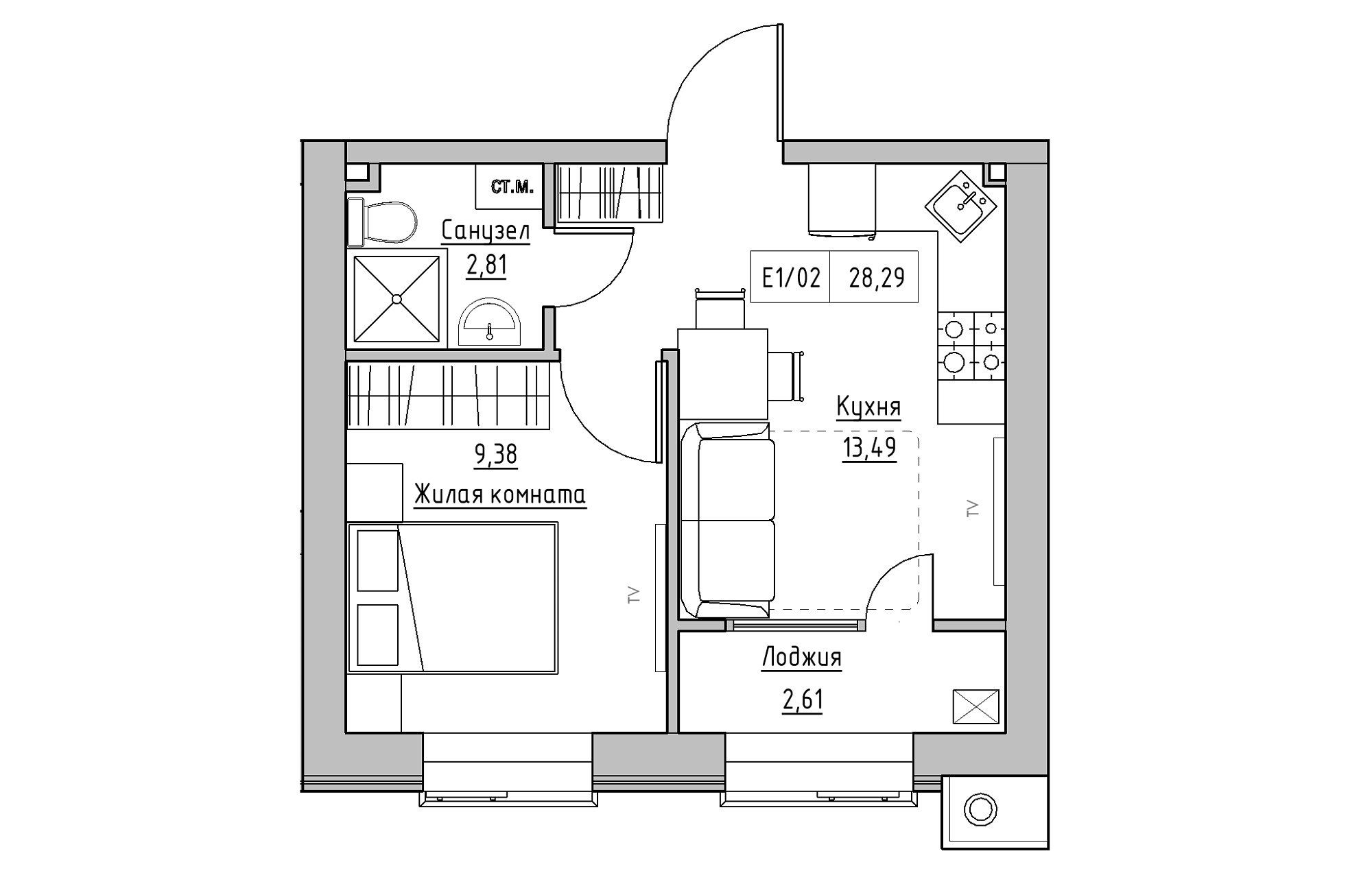 Планировка 1-к квартира площей 28.29м2, KS-013-01/0013.
