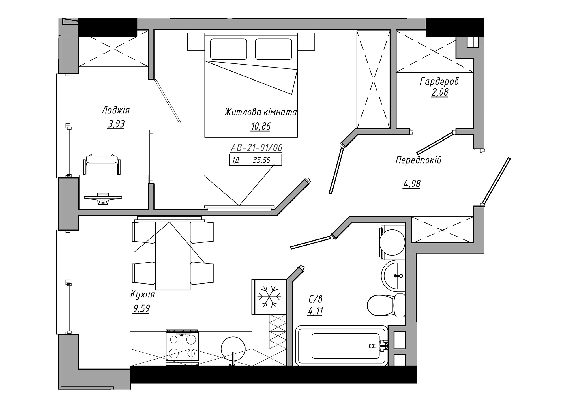 Планування 1-к квартира площею 35.55м2, AB-21-01/00006.