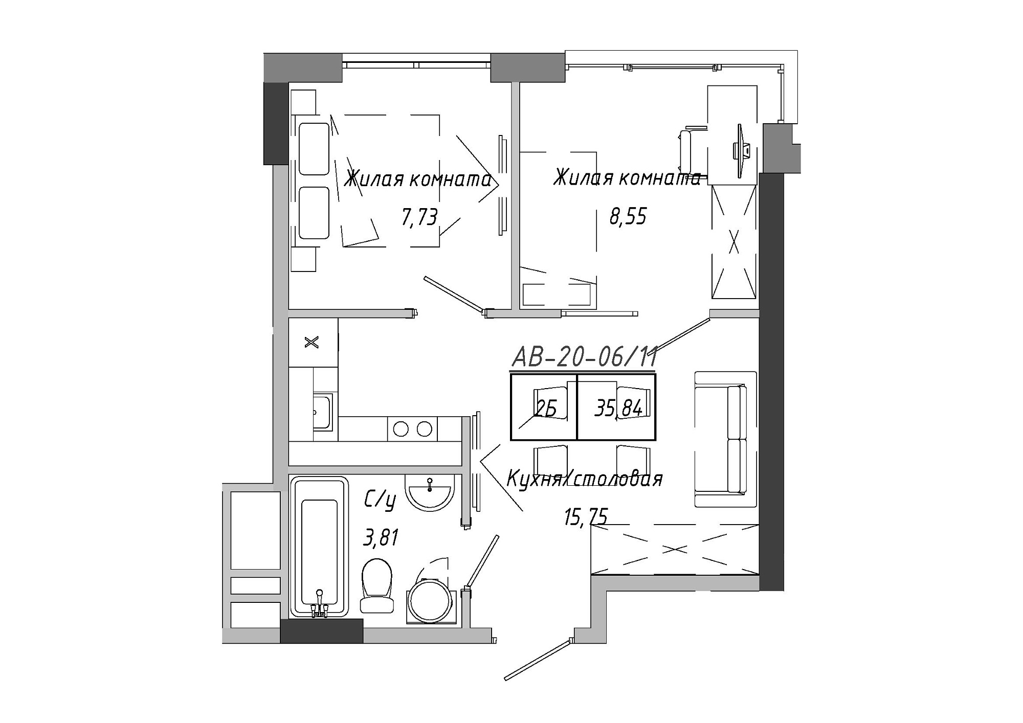 Планировка 2-к квартира площей 36.12м2, AB-20-06/00011.