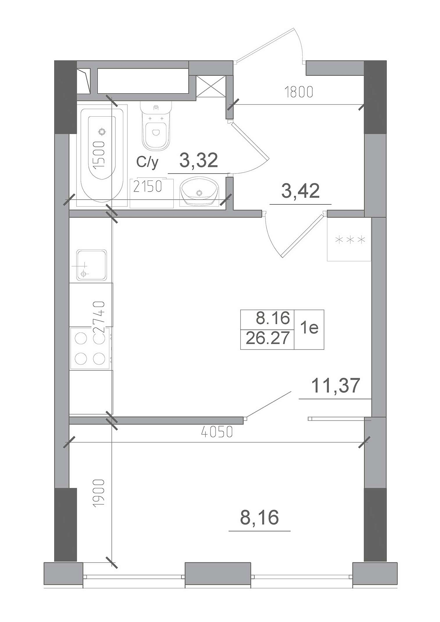 Планировка 1-к квартира площей 26.27м2, AB-22-03/00009.