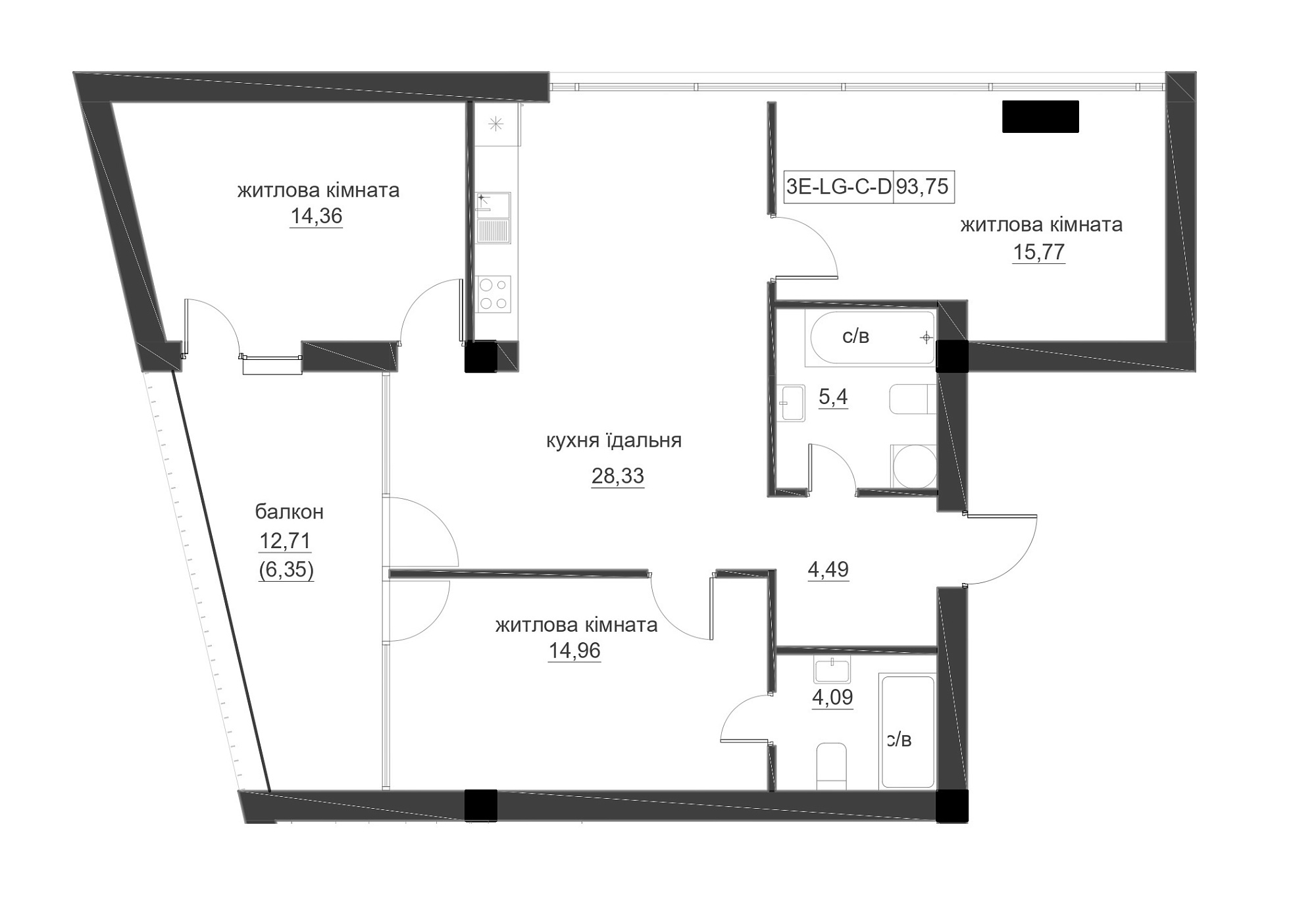 Планування 3-к квартира площею 93.14м2, LR-005-02/0001.