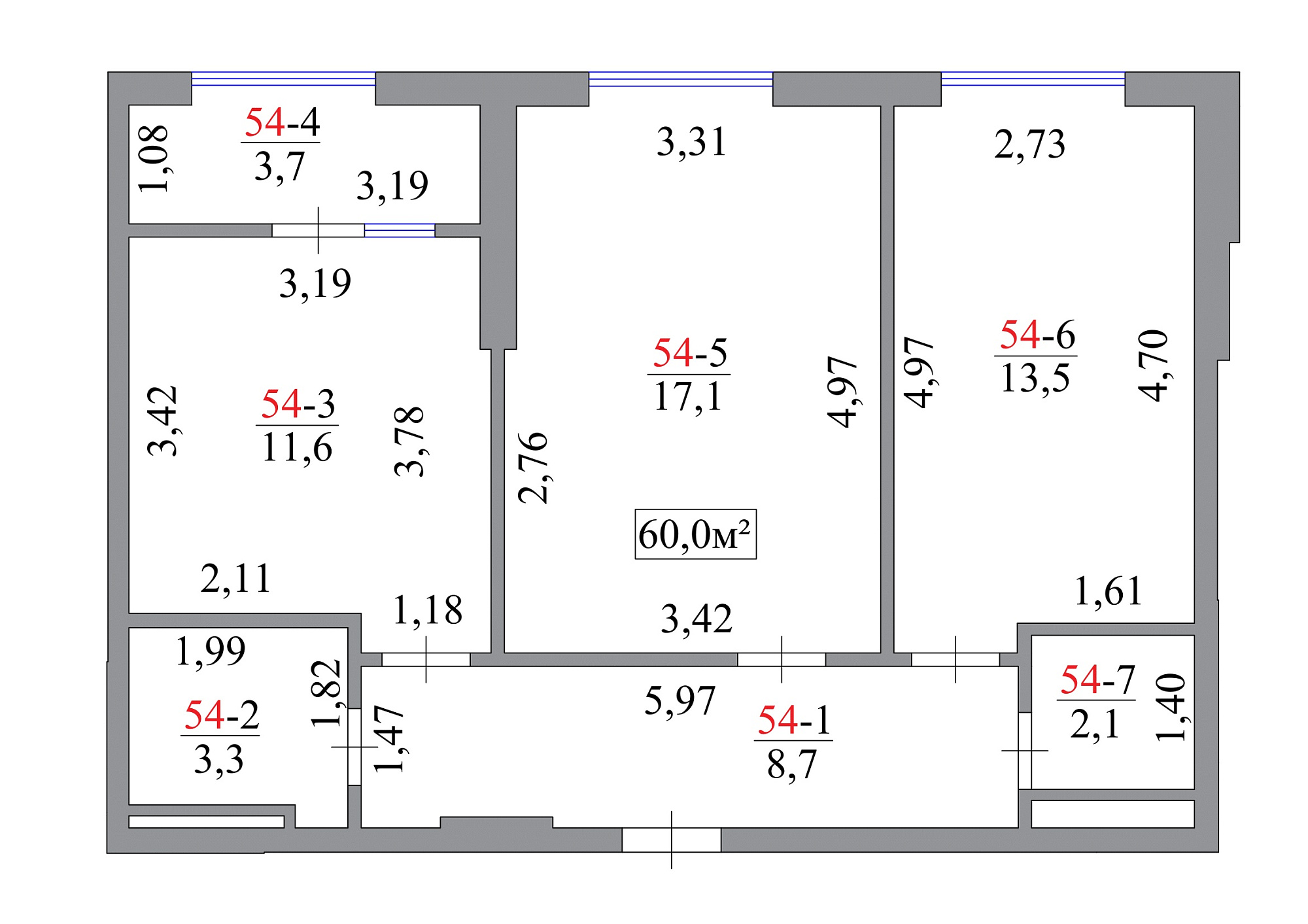 Planning 2-rm flats area 60m2, AB-07-06/00049.