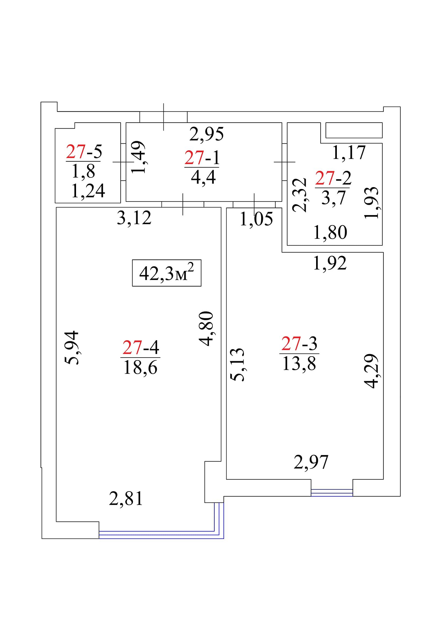 Планировка 1-к квартира площей 42.3м2, AB-01-04/00027.