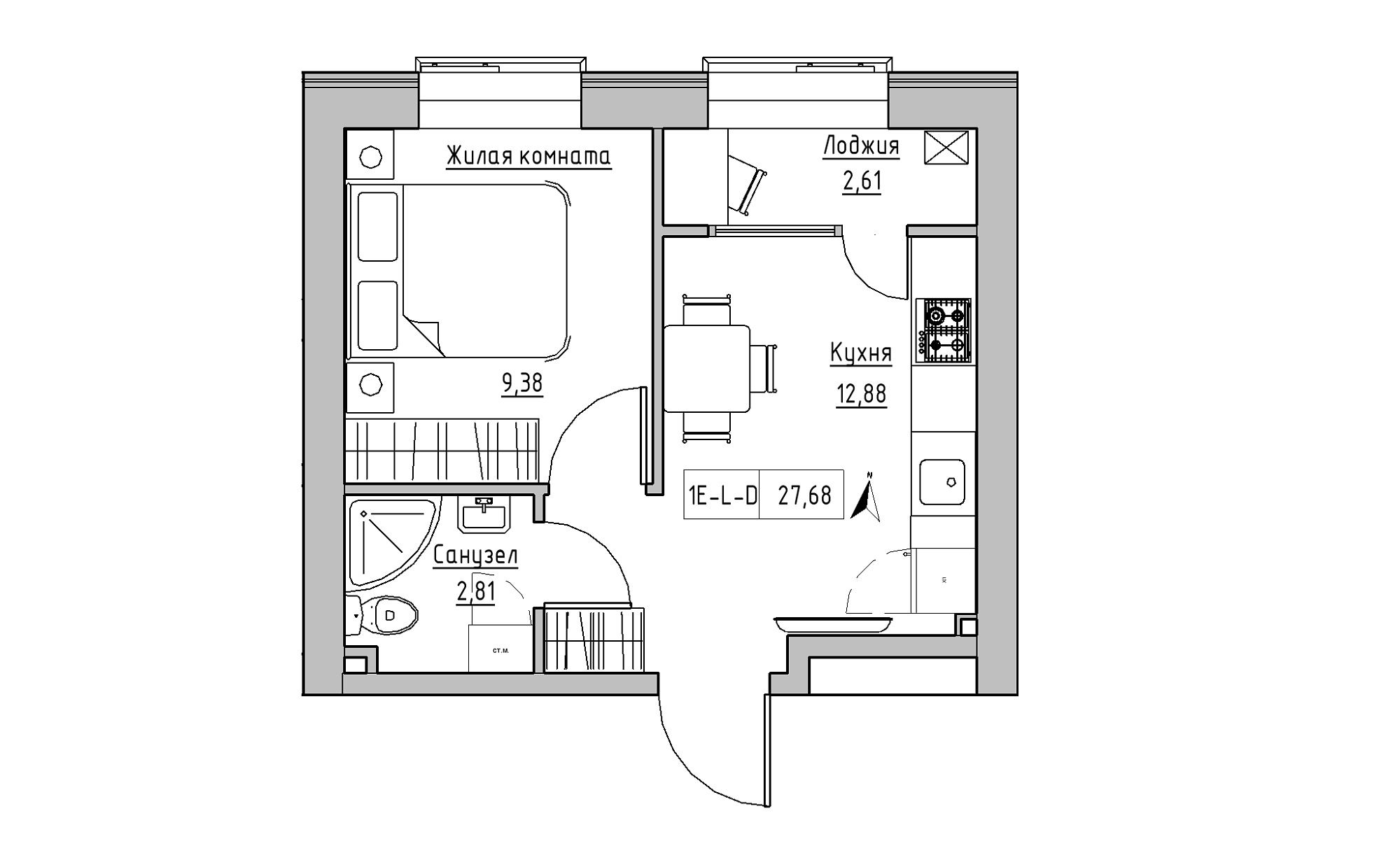 Планировка 1-к квартира площей 27.68м2, KS-016-04/0001.