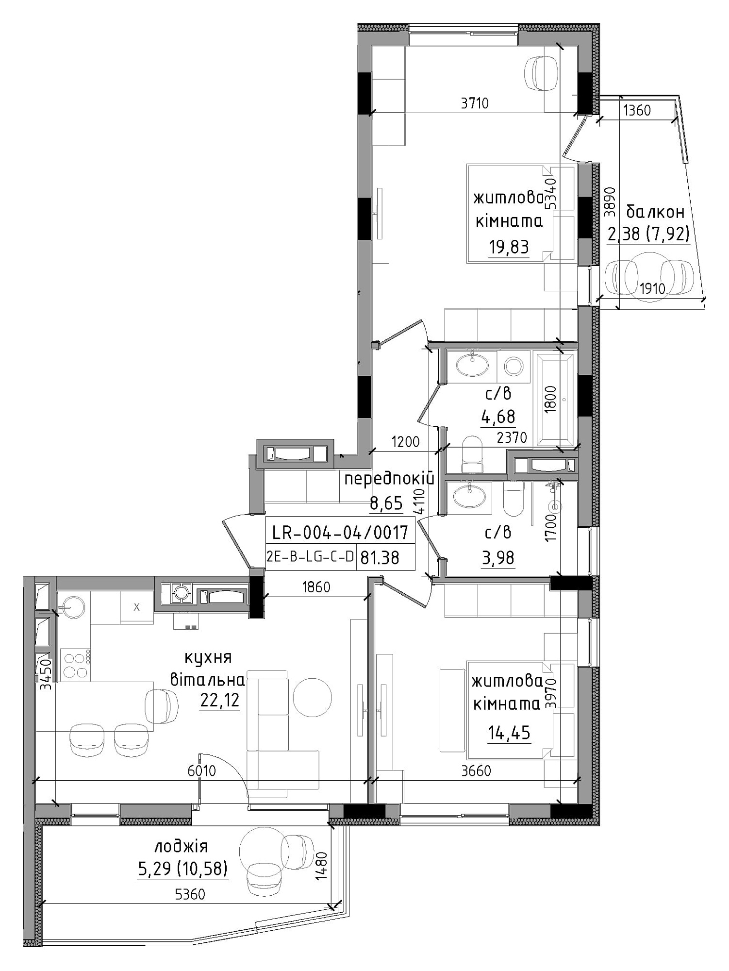 Planning 2-rm flats area 81.38m2, LR-004-04/0017.