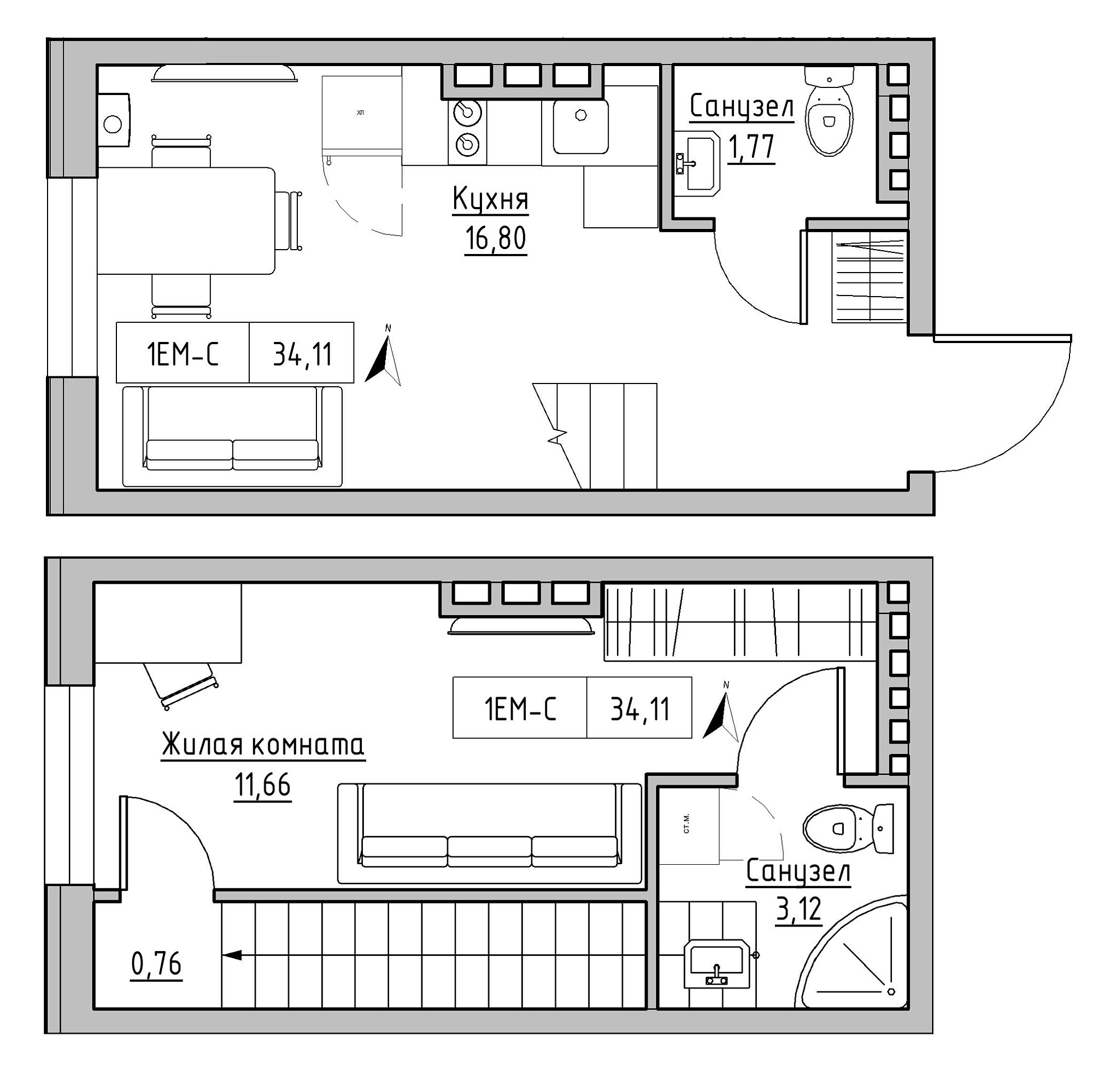 Planning 2-lvl flats area 34.11m2, KS-024-03/0013.