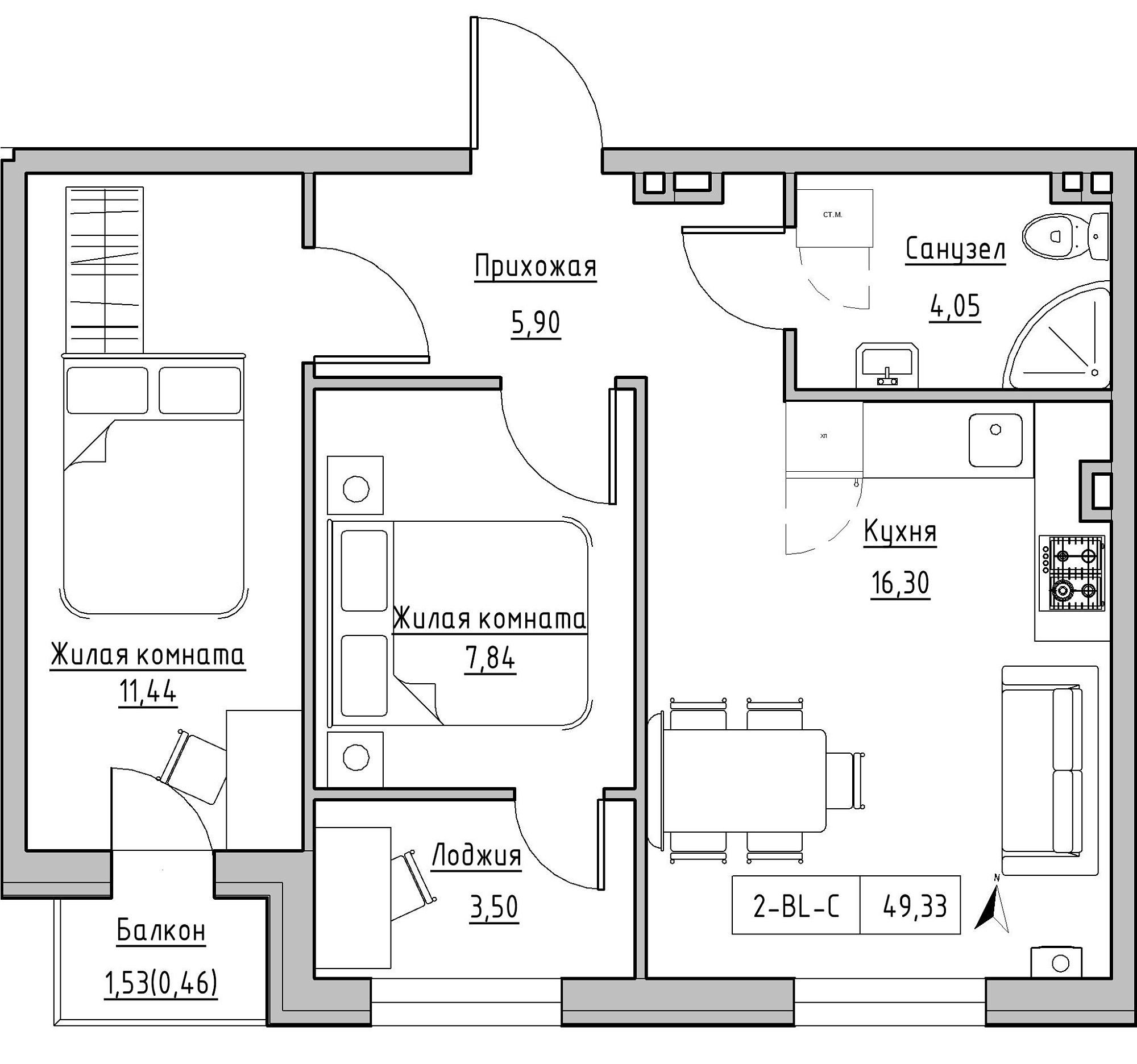 Планування 2-к квартира площею 49.33м2, KS-024-02/0008.