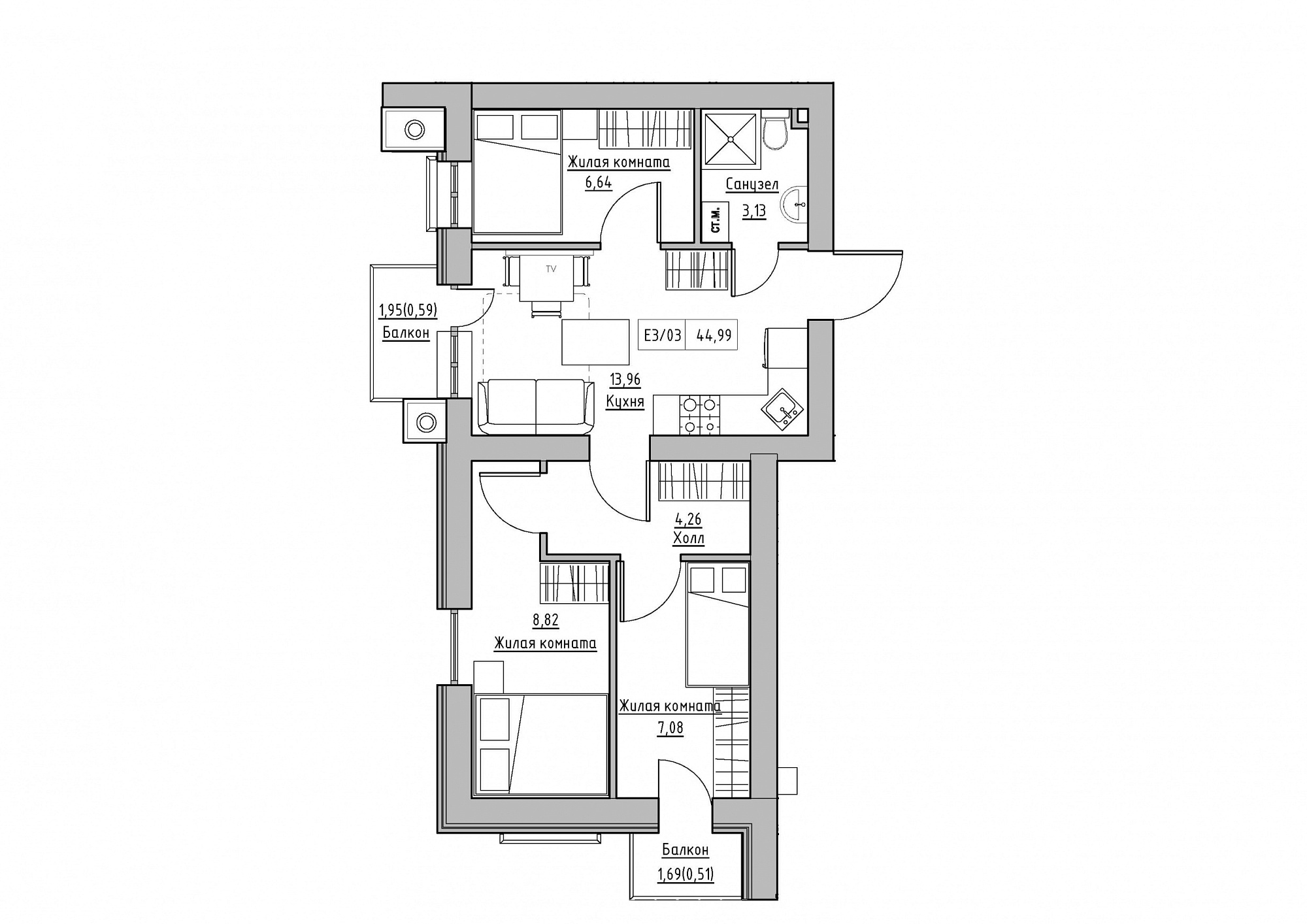 Планировка 3-к квартира площей 44.99м2, KS-012-05/0011.