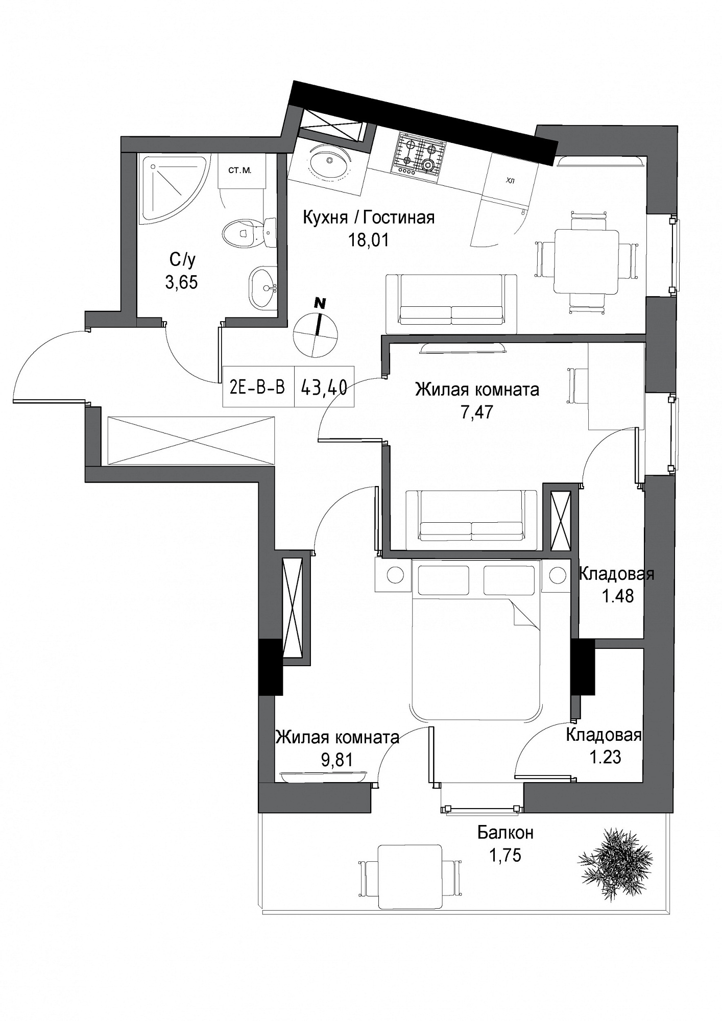 Планування 2-к квартира площею 43.4м2, UM-004-09/0010.