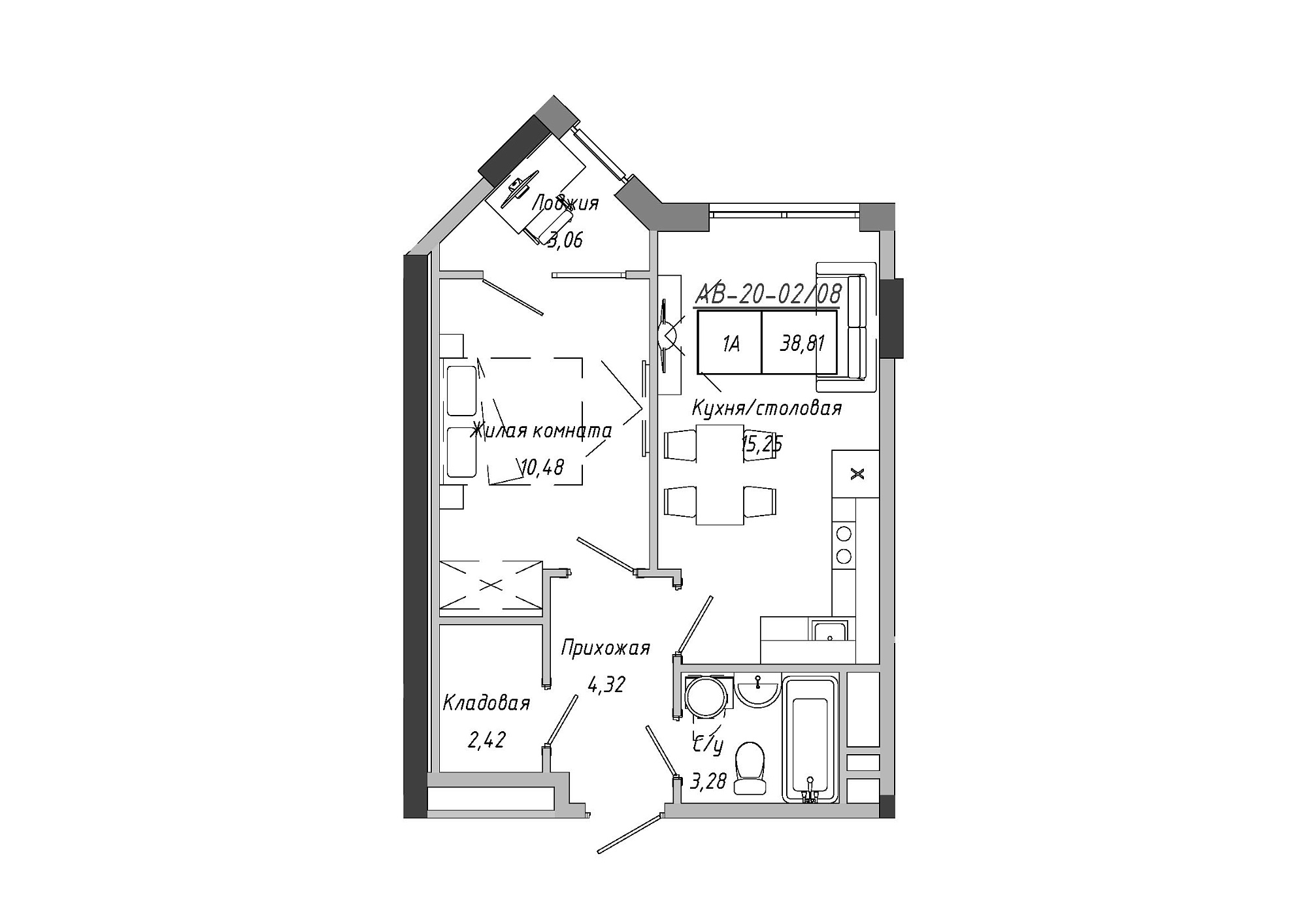 Планировка 1-к квартира площей 38.85м2, AB-20-02/00008.