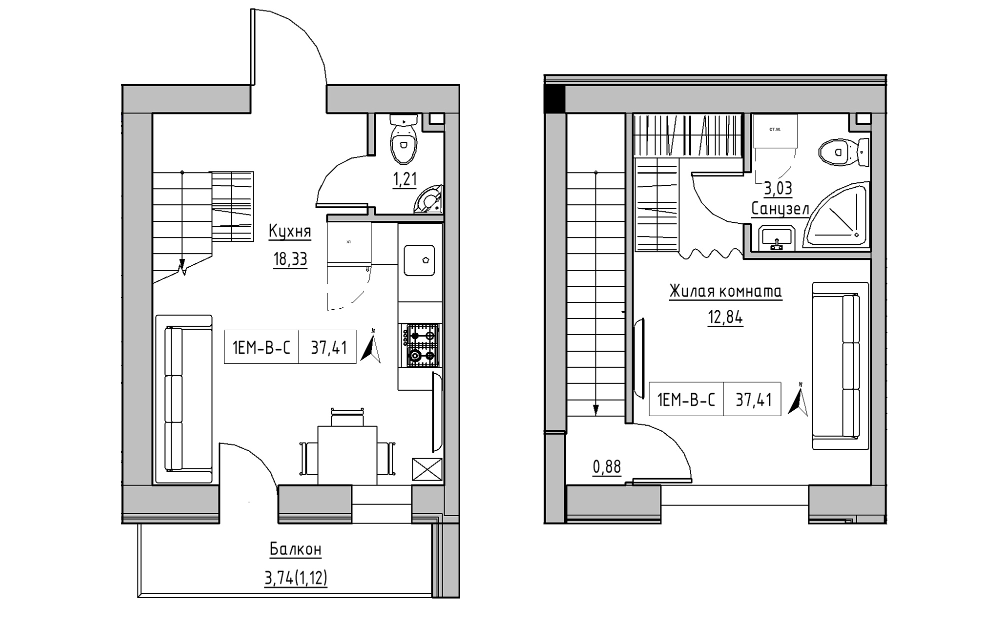 Planning 2-lvl flats area 37.41m2, KS-023-05/0014.