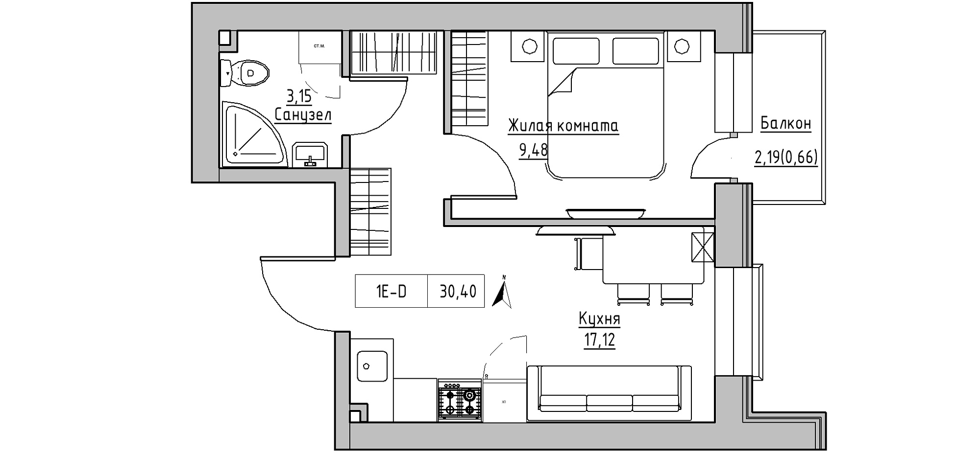 Планировка 1-к квартира площей 30.4м2, KS-020-02/0013.