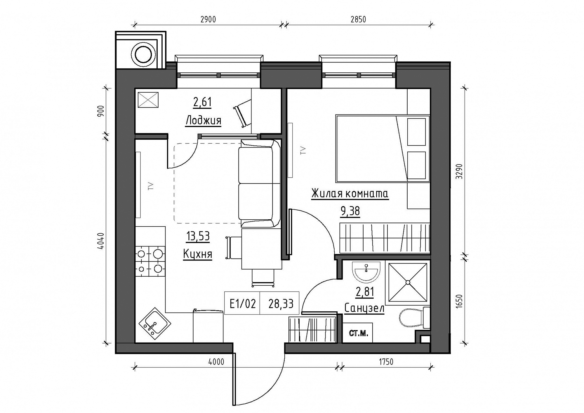 Планировка 1-к квартира площей 28.33м2, KS-011-05/0018.