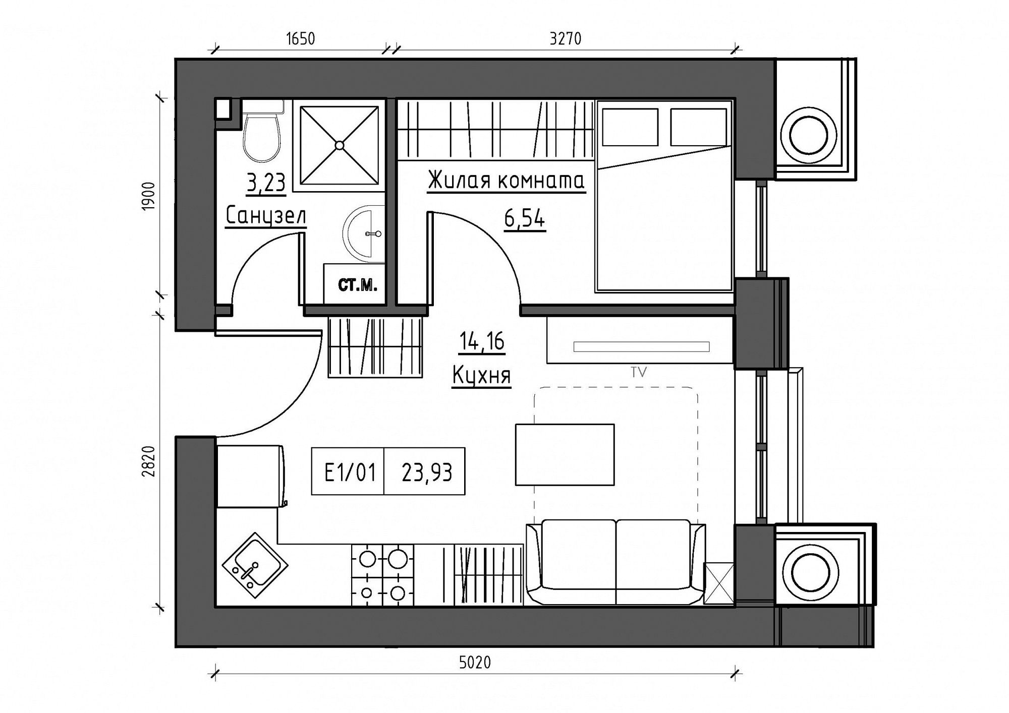 Planning 1-rm flats area 23.93m2, KS-011-04/0004.