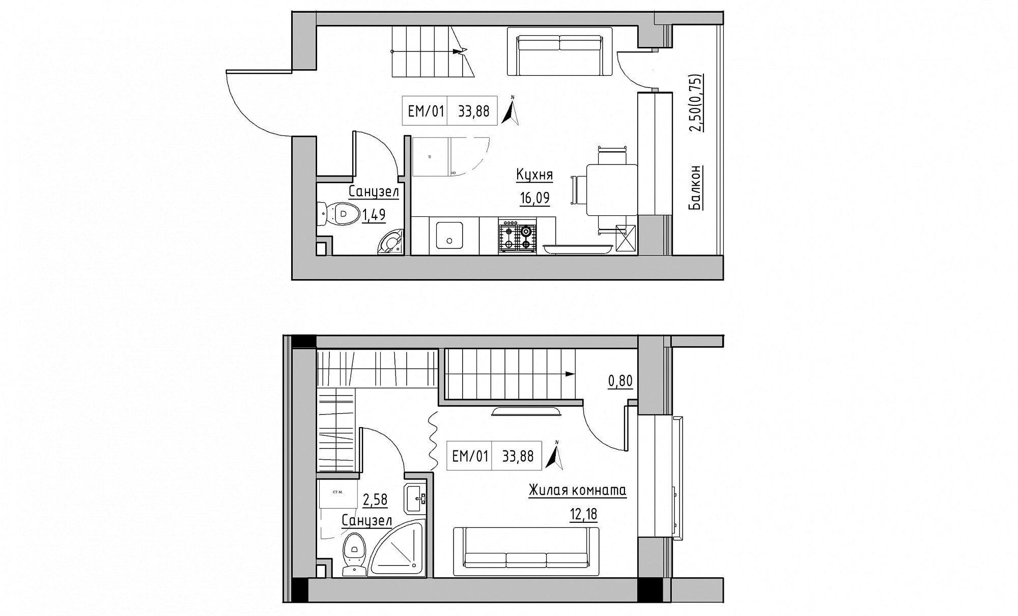 Planning 2-lvl flats area 33.88m2, KS-015-05/0007.