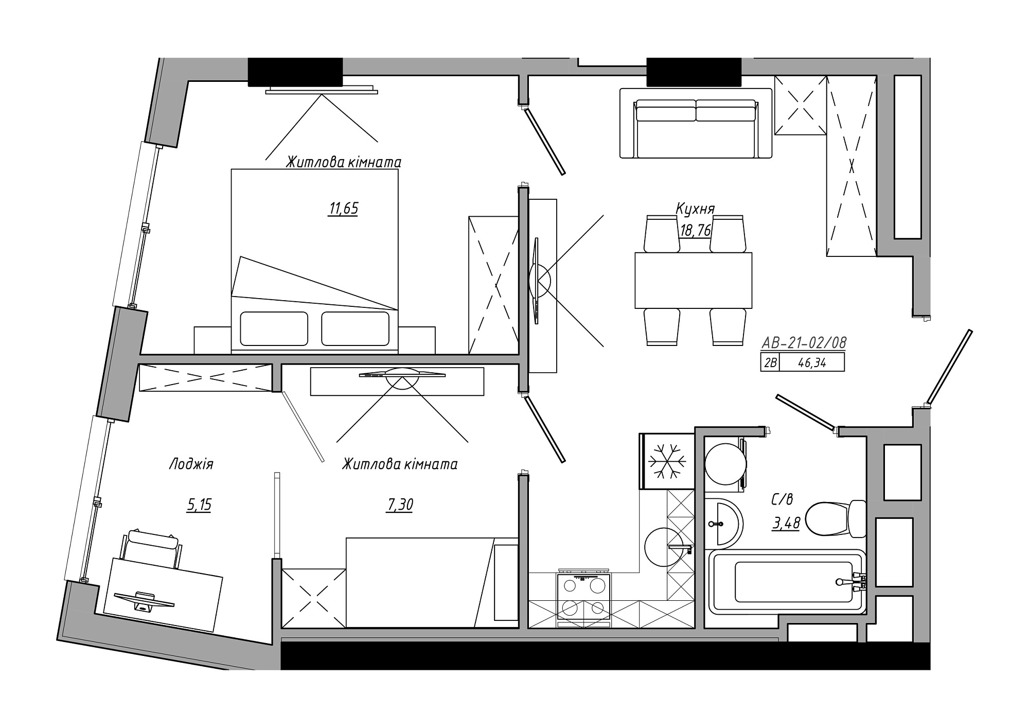 Планування 2-к квартира площею 46.34м2, AB-21-02/00008.