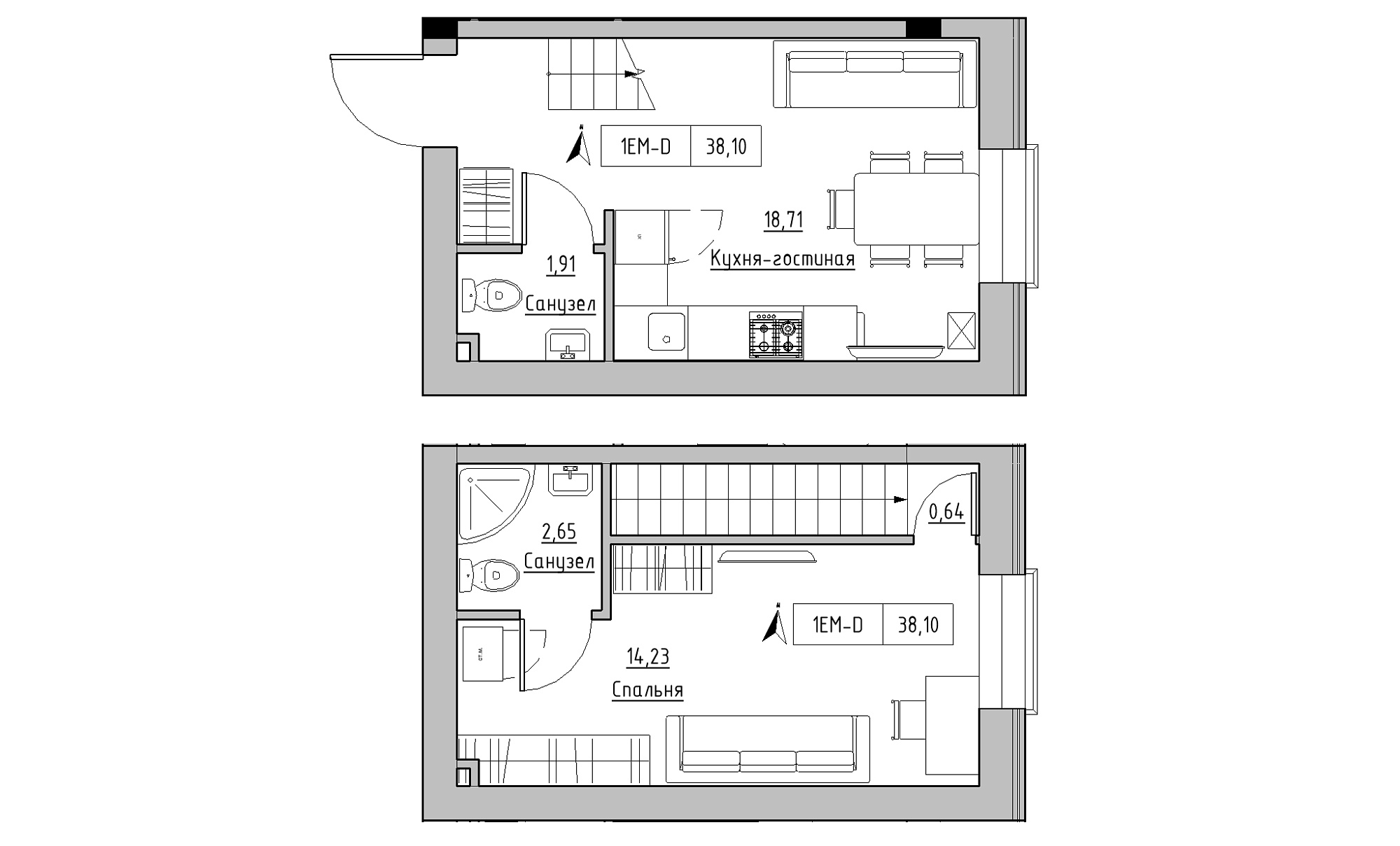 Planning 2-lvl flats area 38.1m2, KS-023-03/0007.