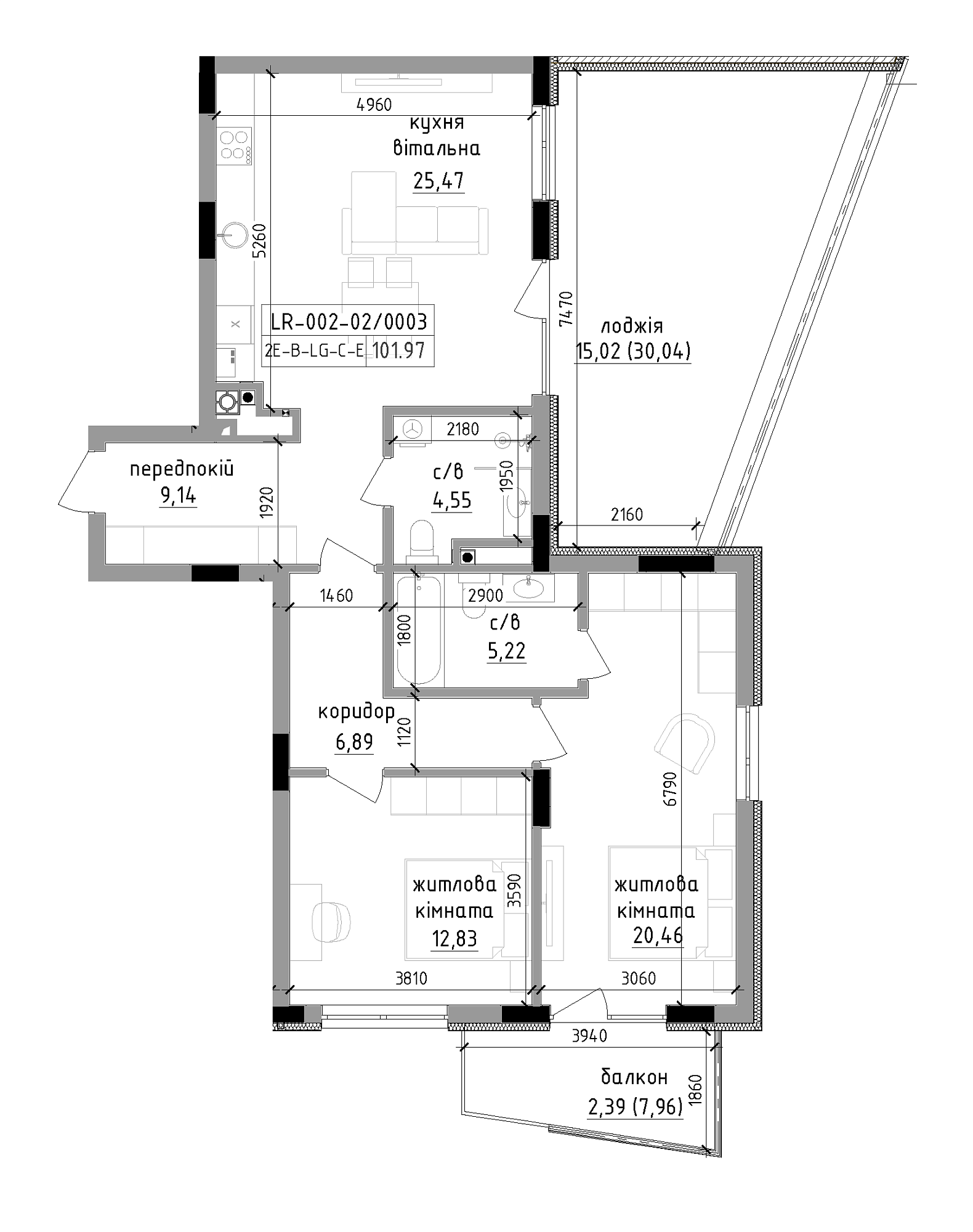 Планування 2-к квартира площею 101.97м2, LR-002-02/0003.
