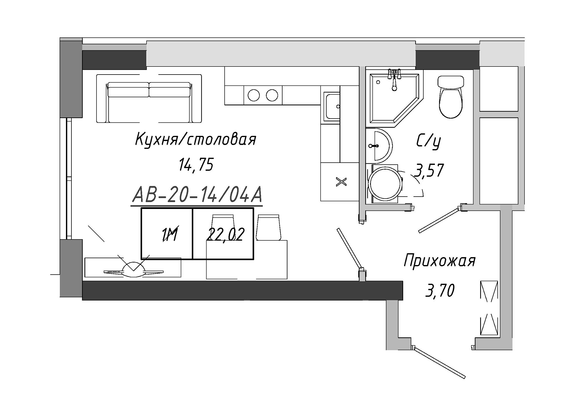 Planning Smart flats area 22.02m2, AB-20-14/0104a.