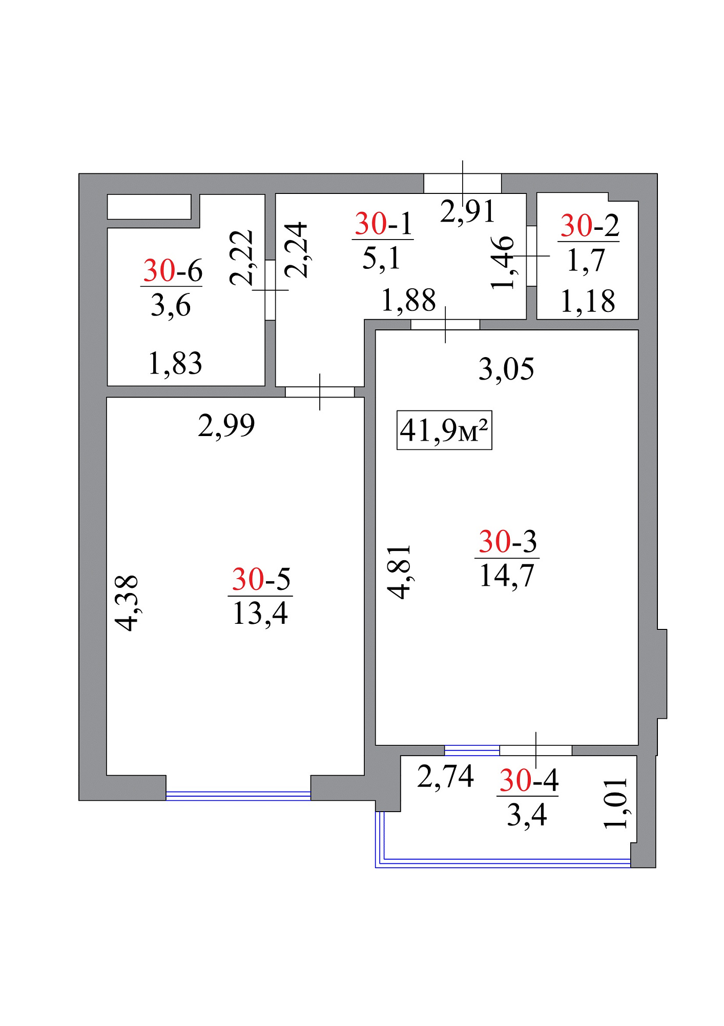 Планировка 1-к квартира площей 41.9м2, AB-07-03/00027.