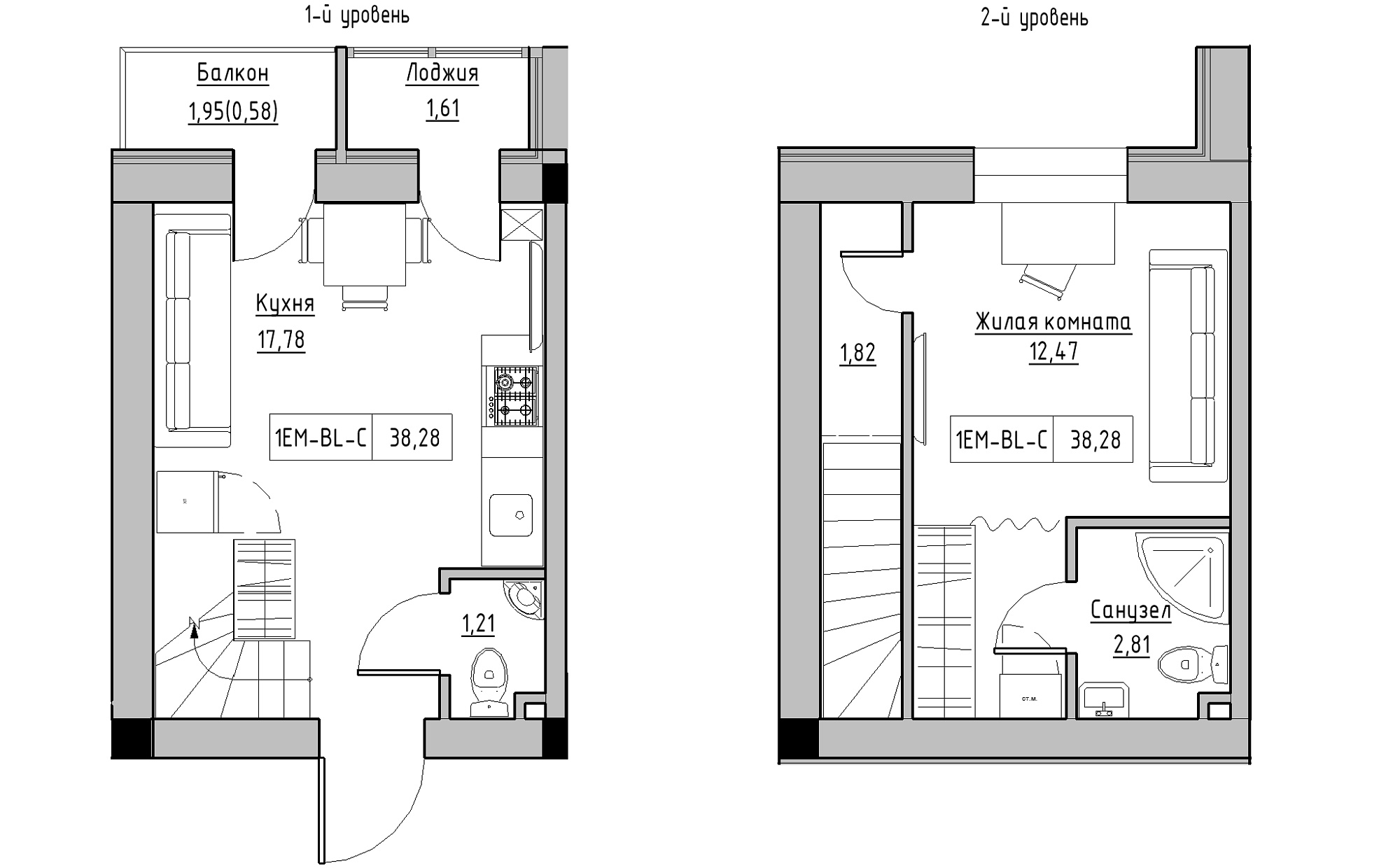 Planning 2-lvl flats area 38.28m2, KS-022-05/0005.