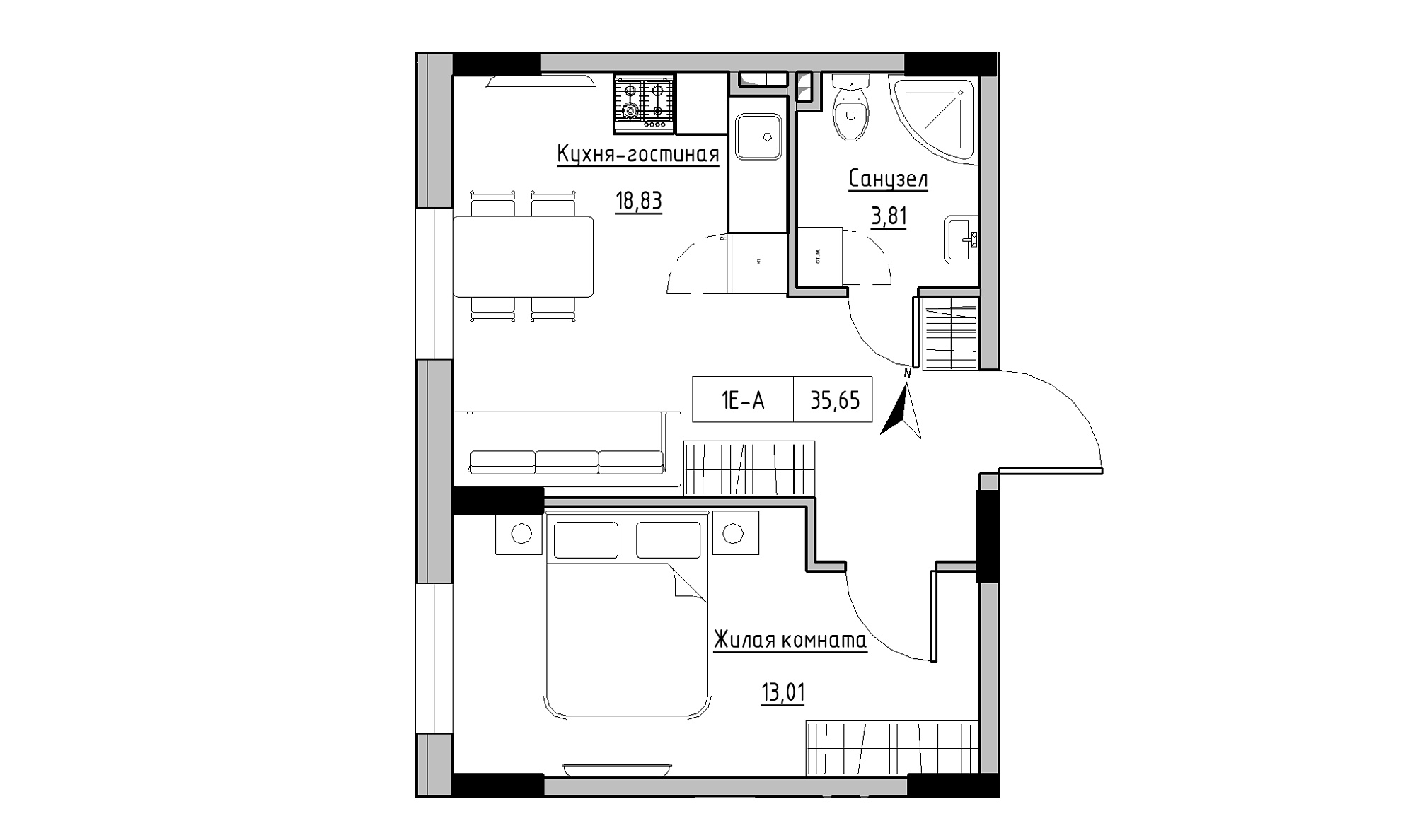 Планировка 1-к квартира площей 35.65м2, KS-025-01/0004.