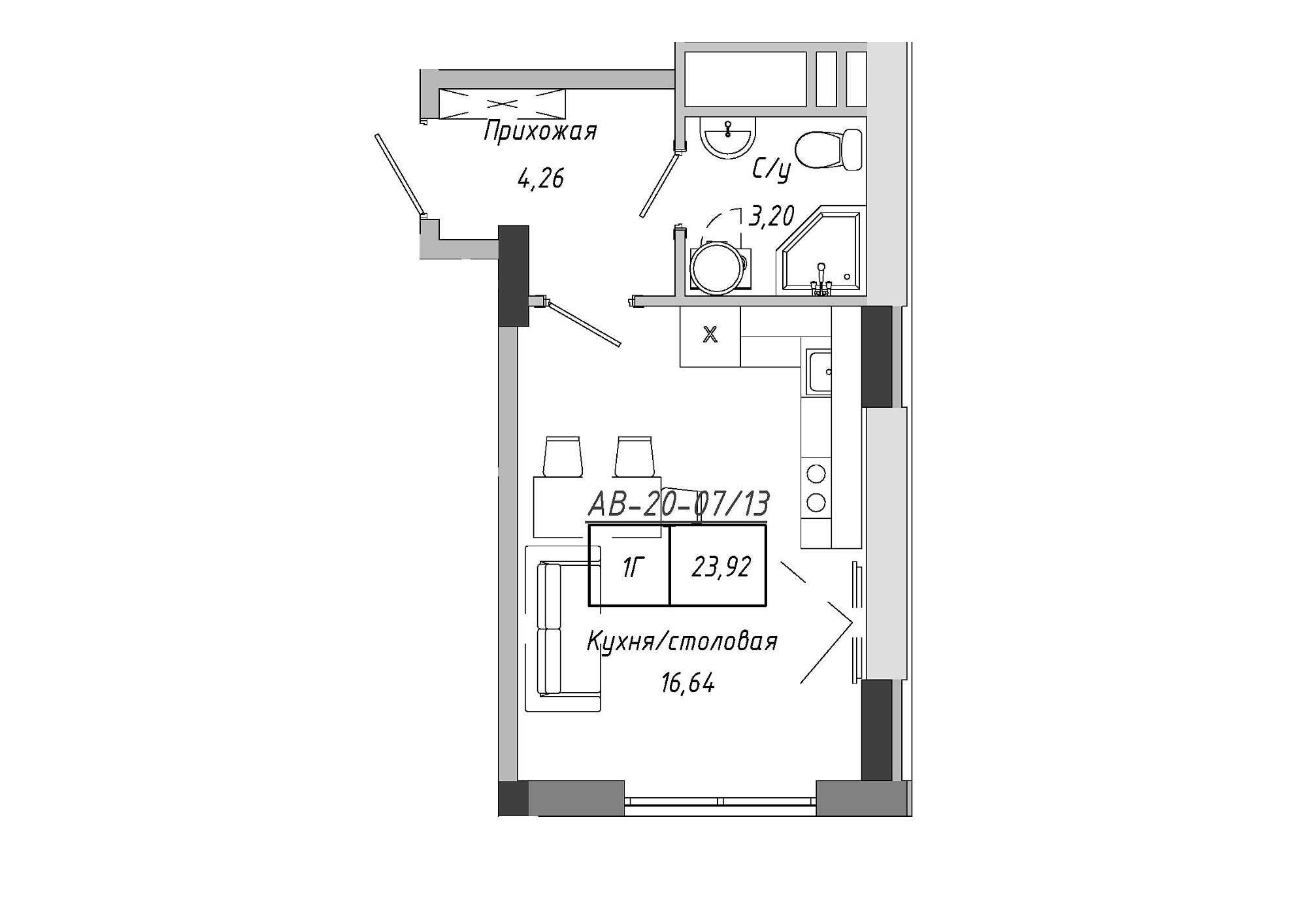 Планування Smart-квартира площею 23.4м2, AB-20-07/00013.
