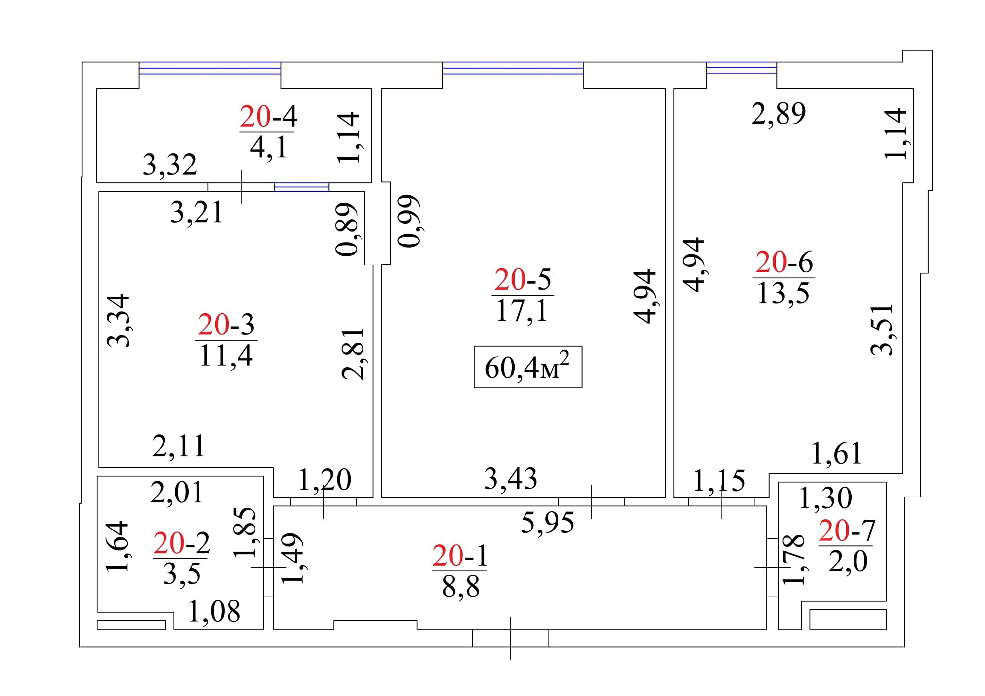 Планировка 2-к квартира площей 60.4м2, AB-01-03/00021.