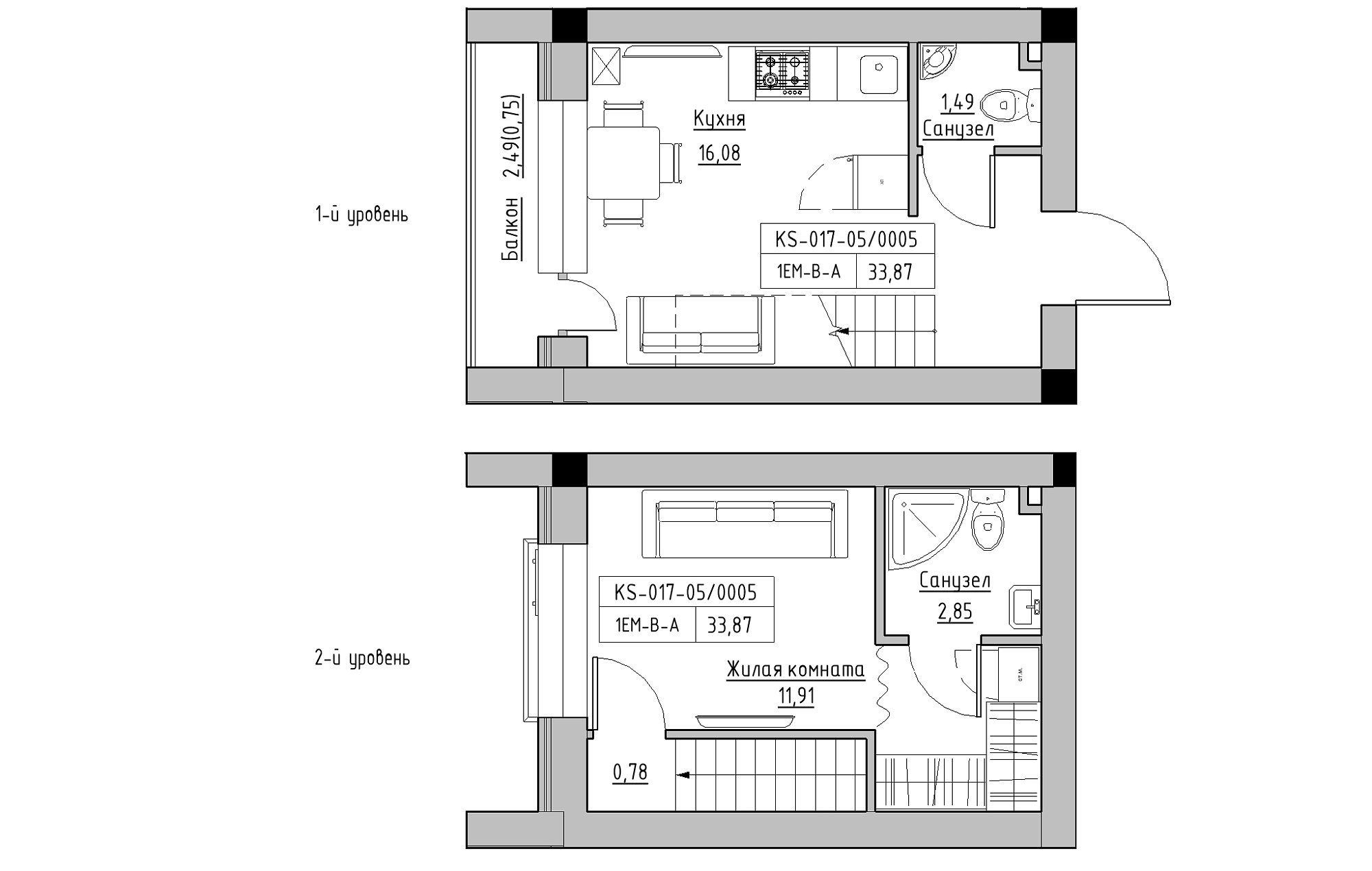 Planning 2-lvl flats area 33.87m2, KS-017-05/0005.
