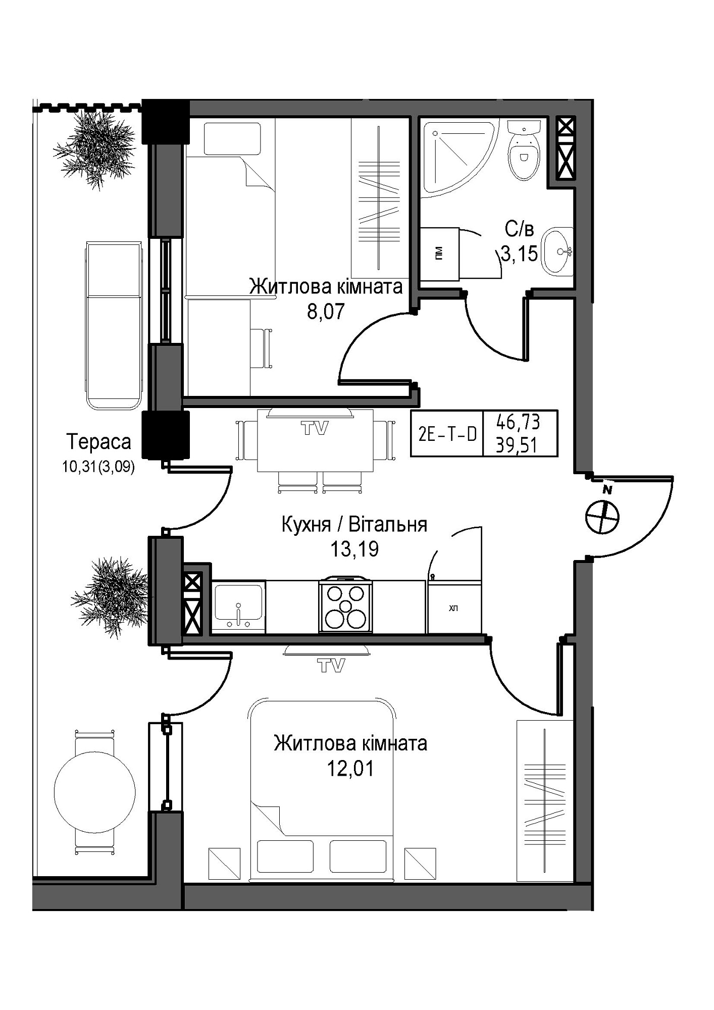 Планування 2-к квартира площею 39.51м2, UM-007-12/0001.
