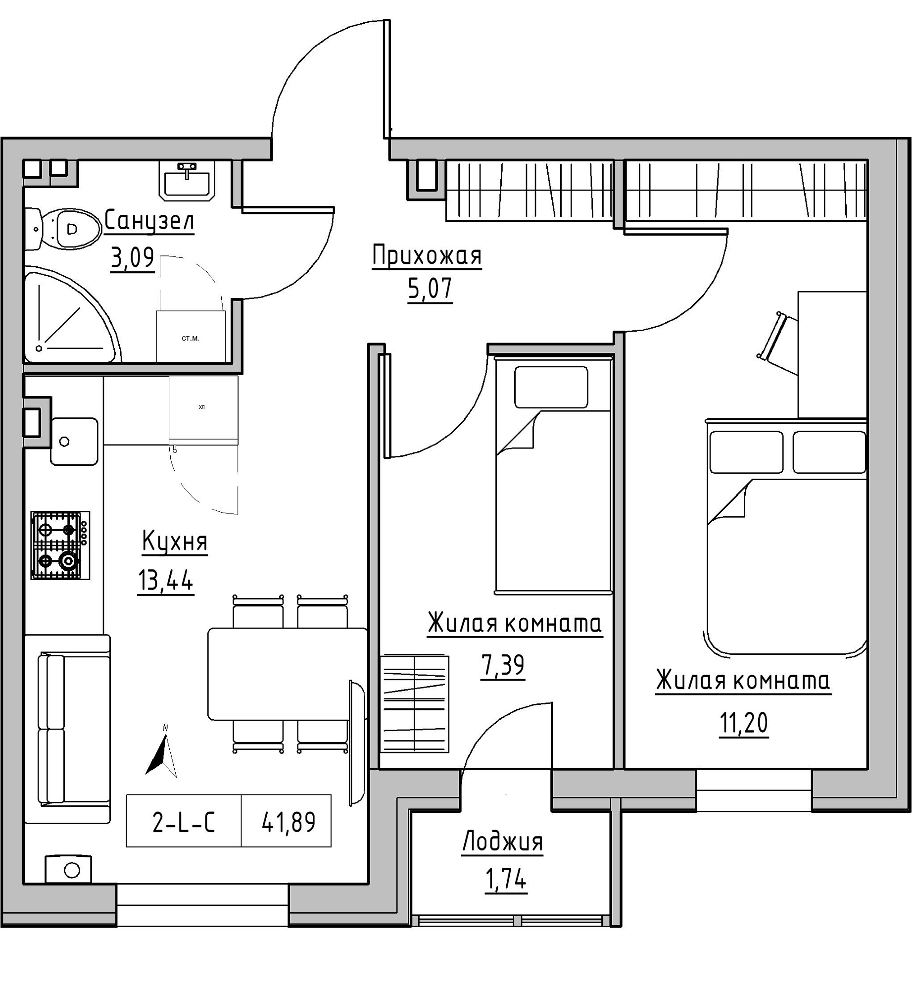 Planning 2-rm flats area 41.89m2, KS-024-01/0005.