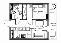 Планировка 1-к квартира площей 27.44м2, UM-003-09/0091.