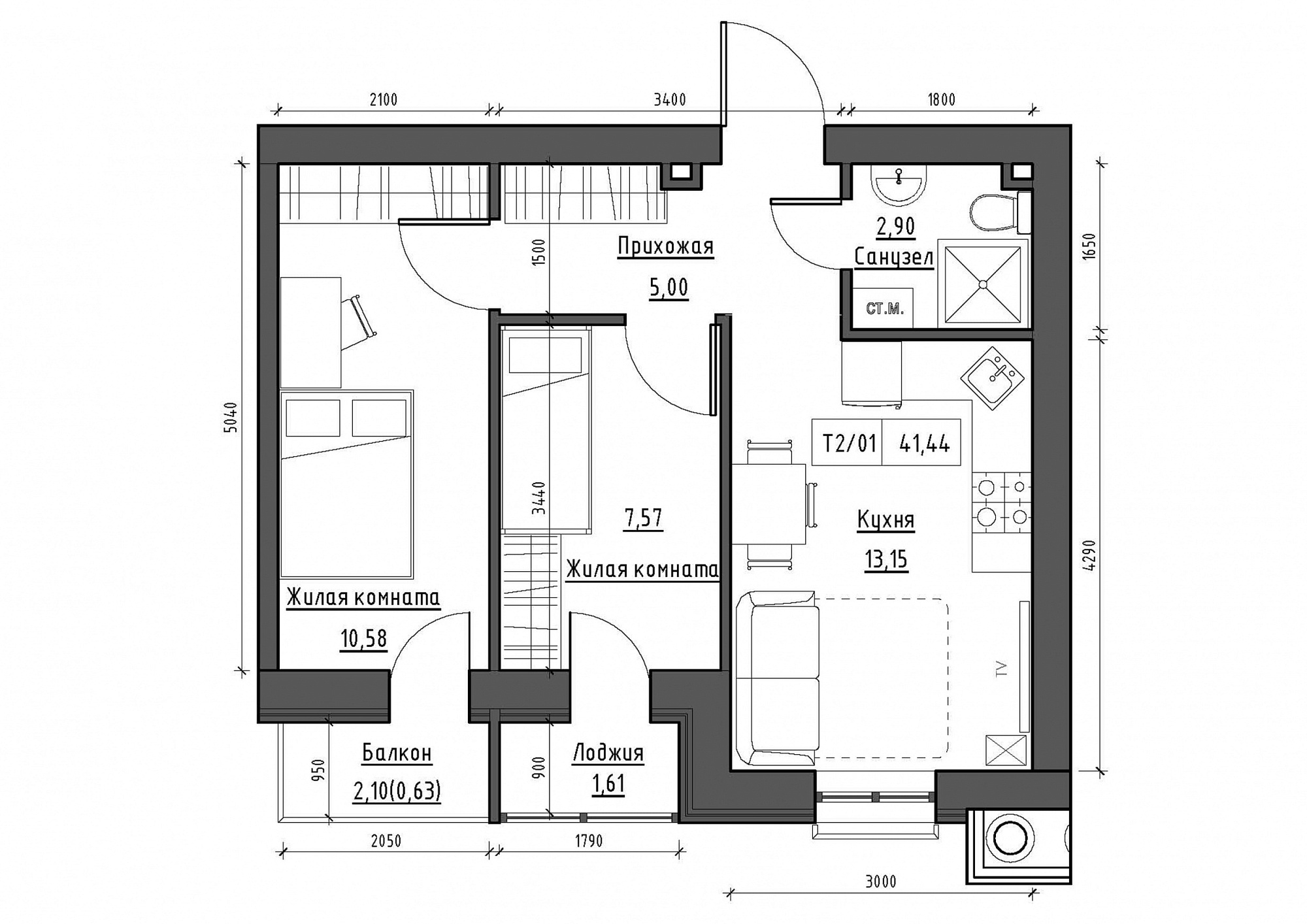 Планування 2-к квартира площею 41.44м2, KS-011-03/0011.