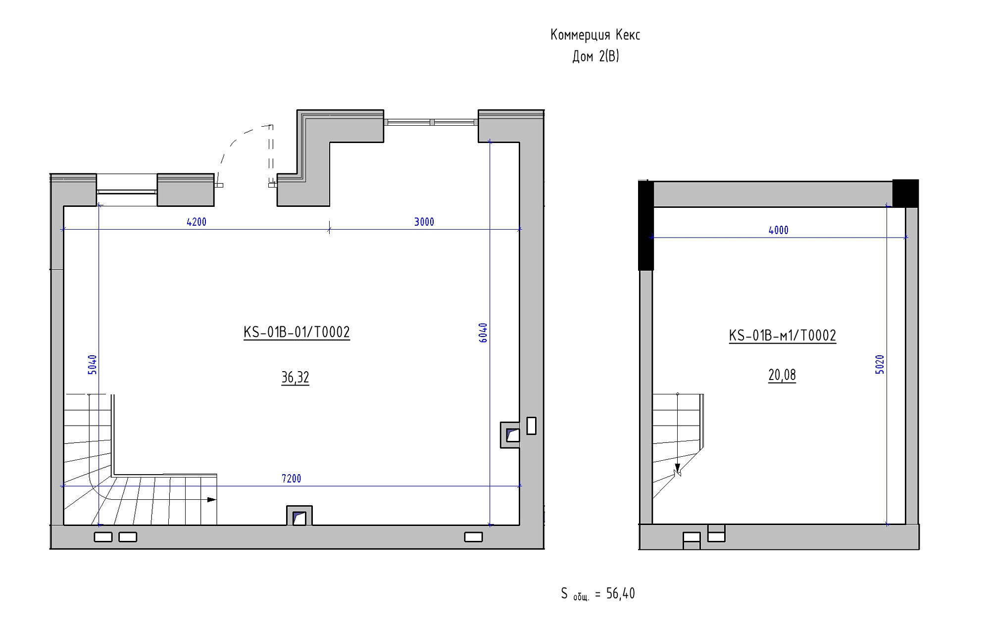 Planning Commercial premises area 56.4m2, KS-01B-01/Т002.