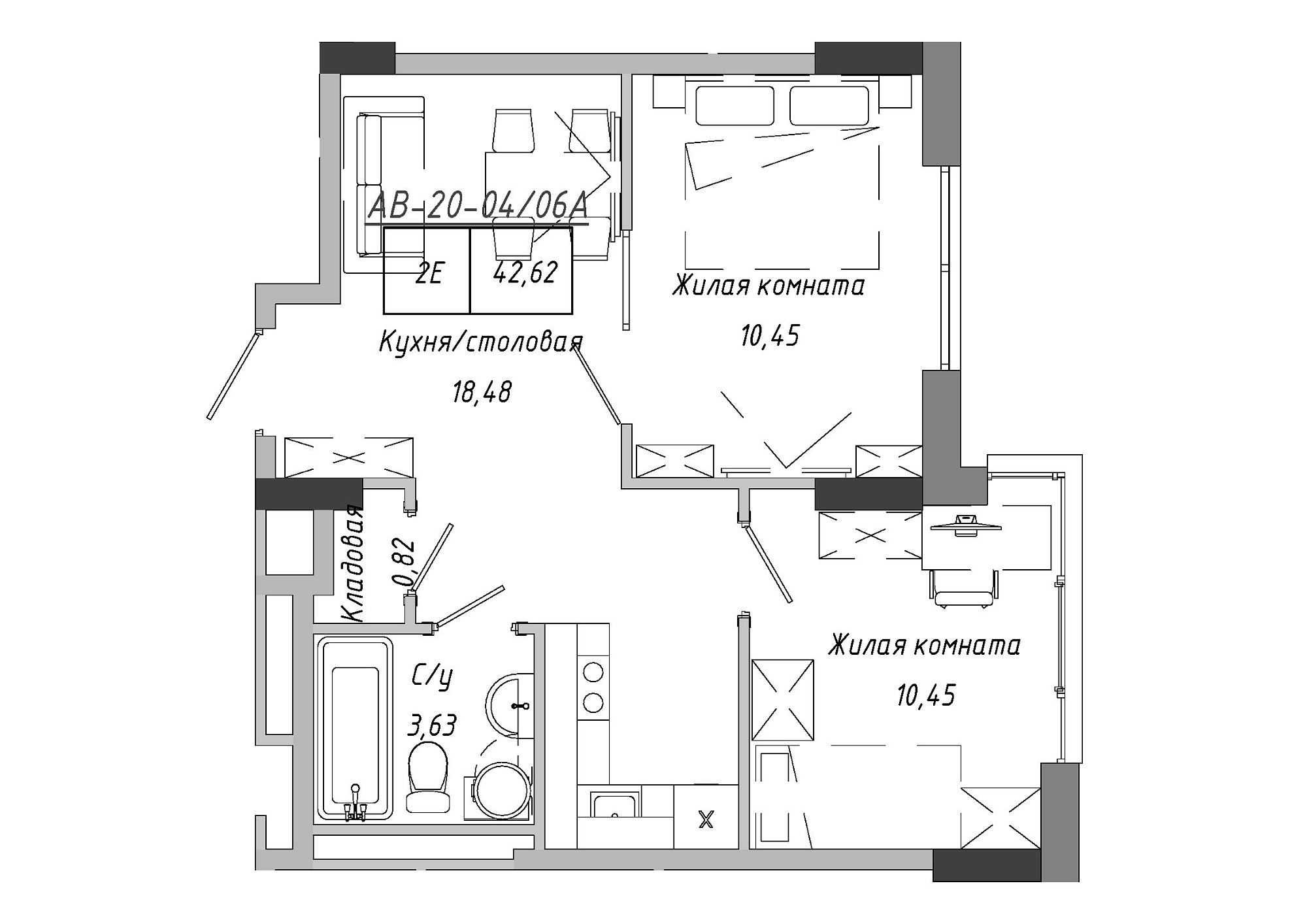 Планировка 2-к квартира площей 42.62м2, AB-20-04/0006а.