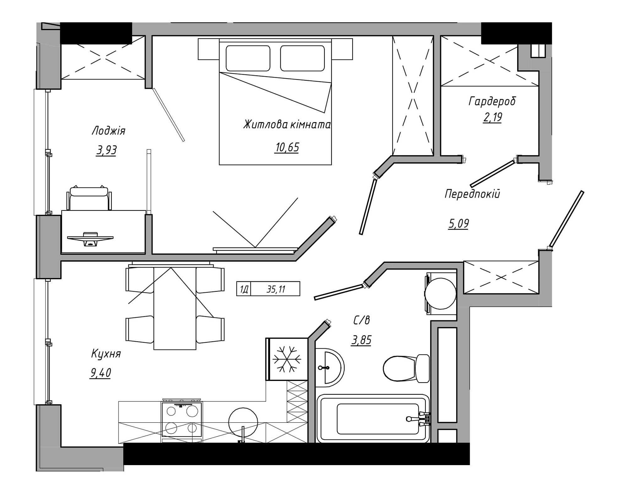Планування 1-к квартира площею 35.11м2, AB-21-10/00006.
