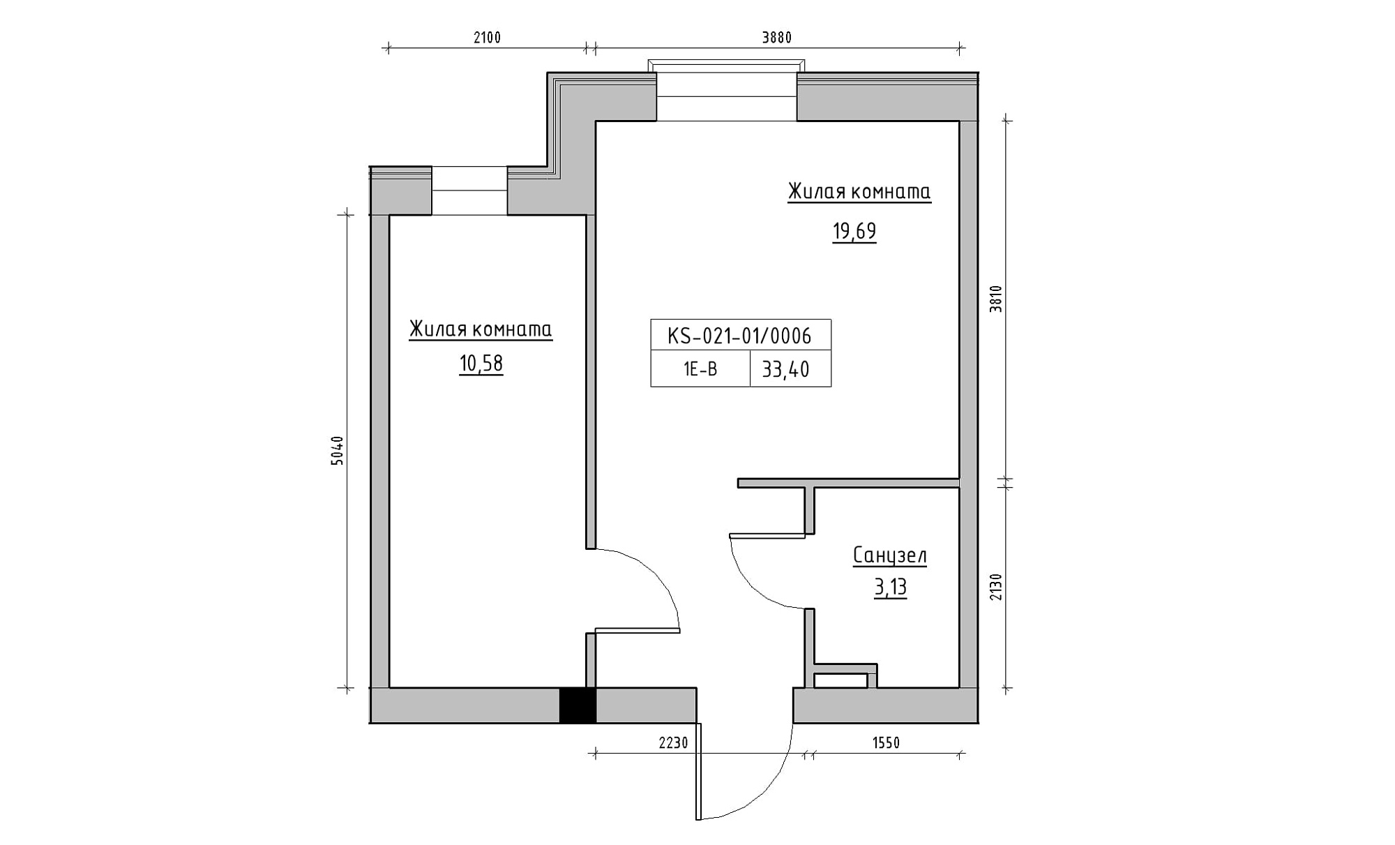 Planning 1-rm flats area 33.4m2, KS-021-01/0006.