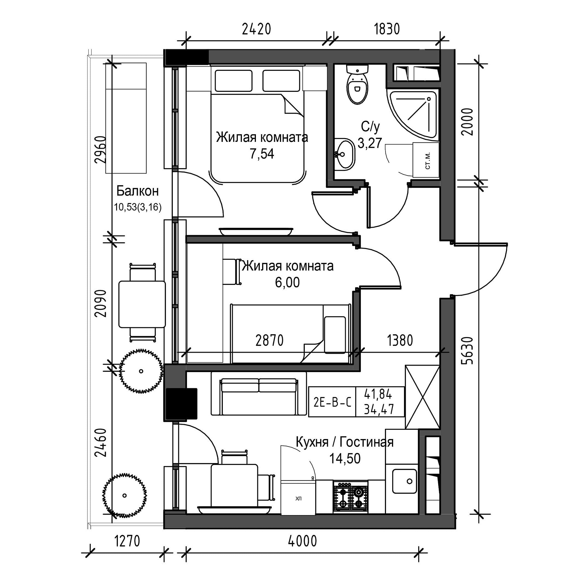 Planning 2-rm flats area 34.47m2, UM-001-08/0012.