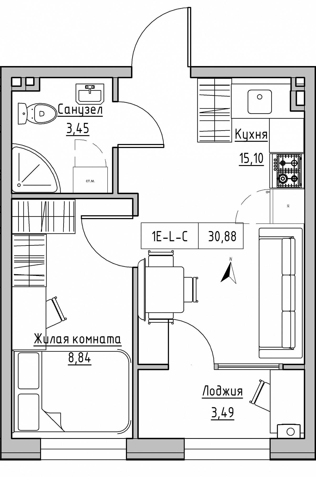 Планування 1-к квартира площею 30.88м2, KS-024-02/0007.